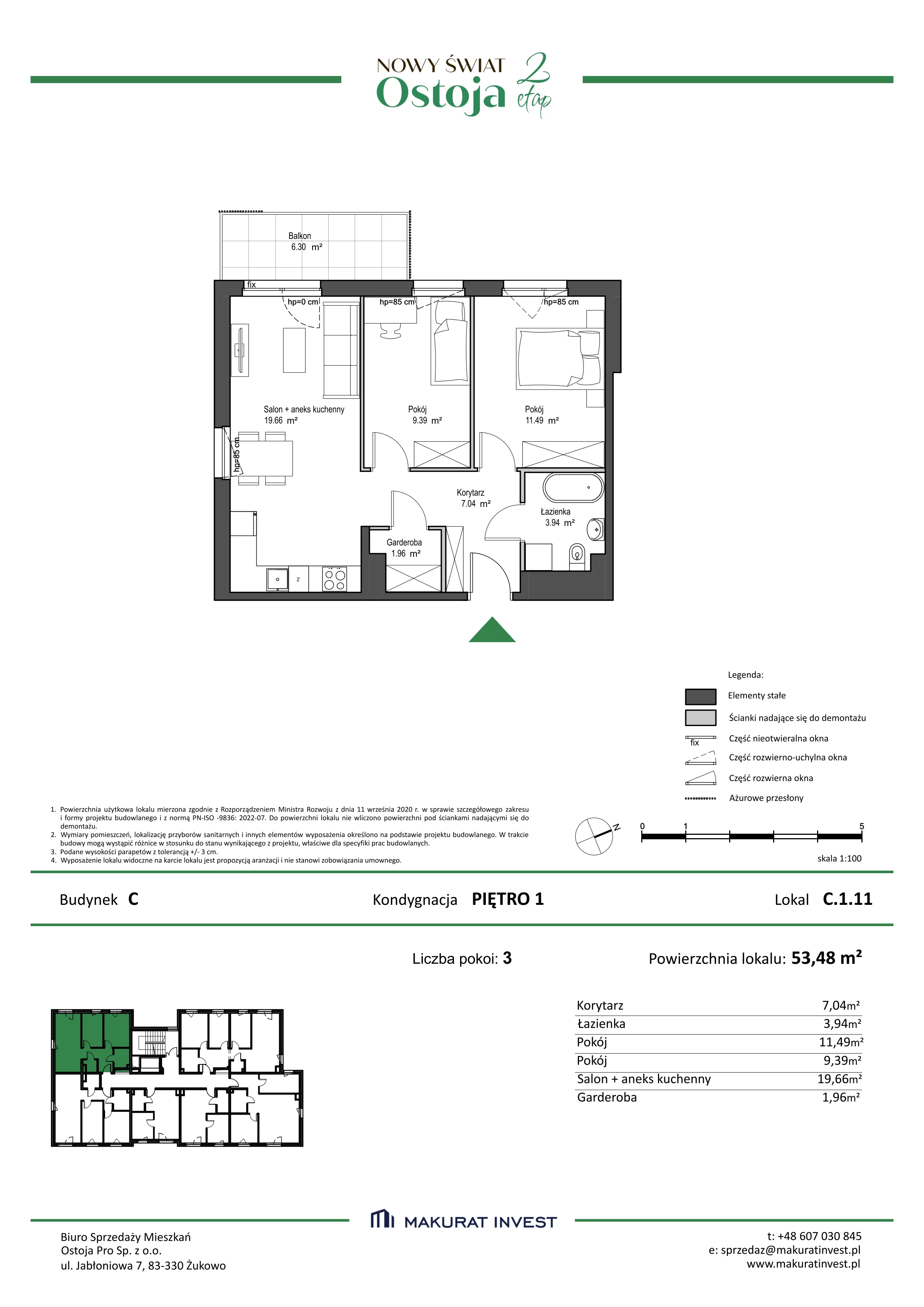 3 pokoje, mieszkanie 53,48 m², piętro 1, oferta nr C.1.11, Nowy Świat Ostoja II etap, Gdańsk, Barniewice, ul. Malinowa