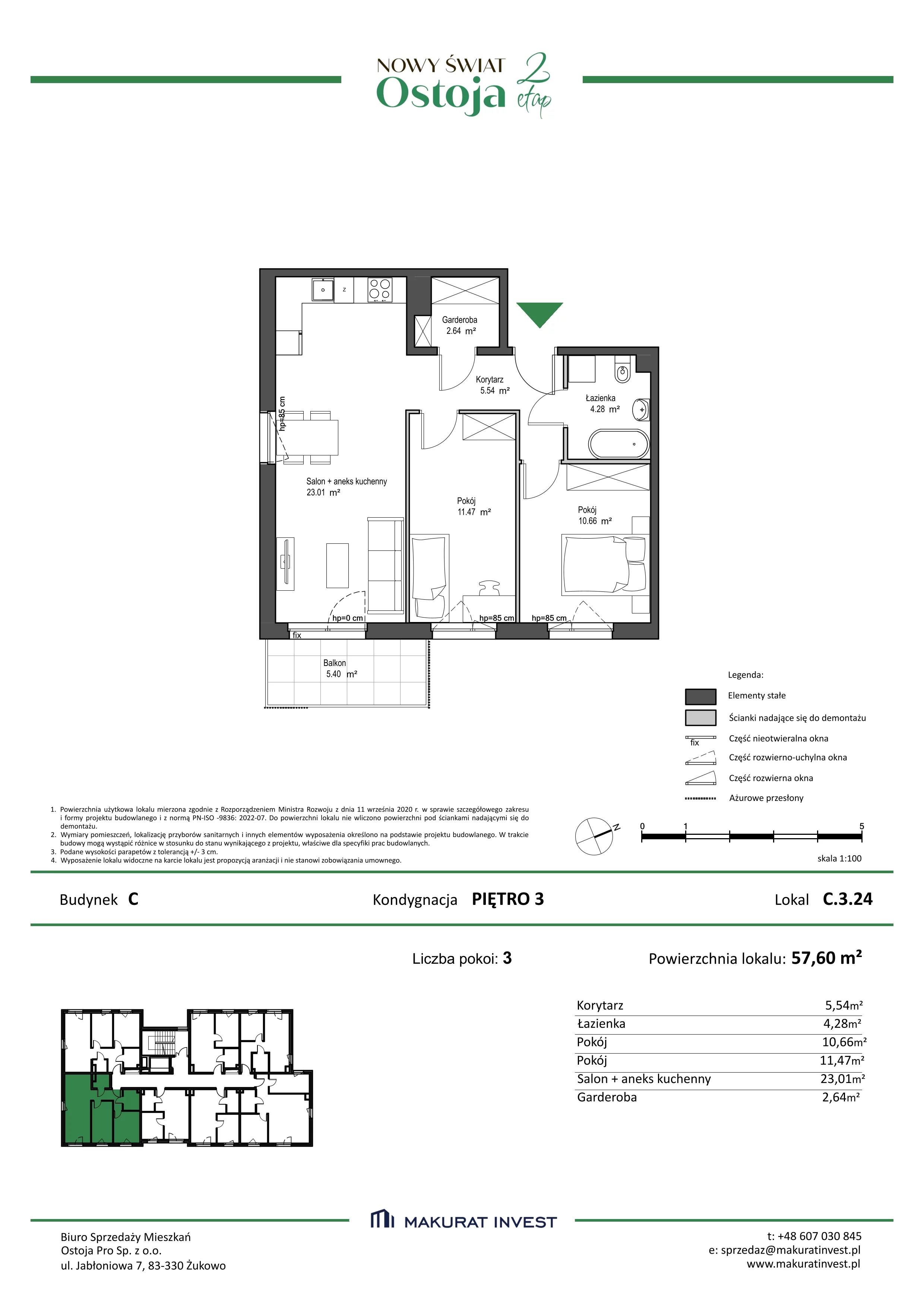 3 pokoje, mieszkanie 57,60 m², piętro 3, oferta nr C.3.24, Nowy Świat Ostoja II etap, Gdańsk, Barniewice, ul. Malinowa
