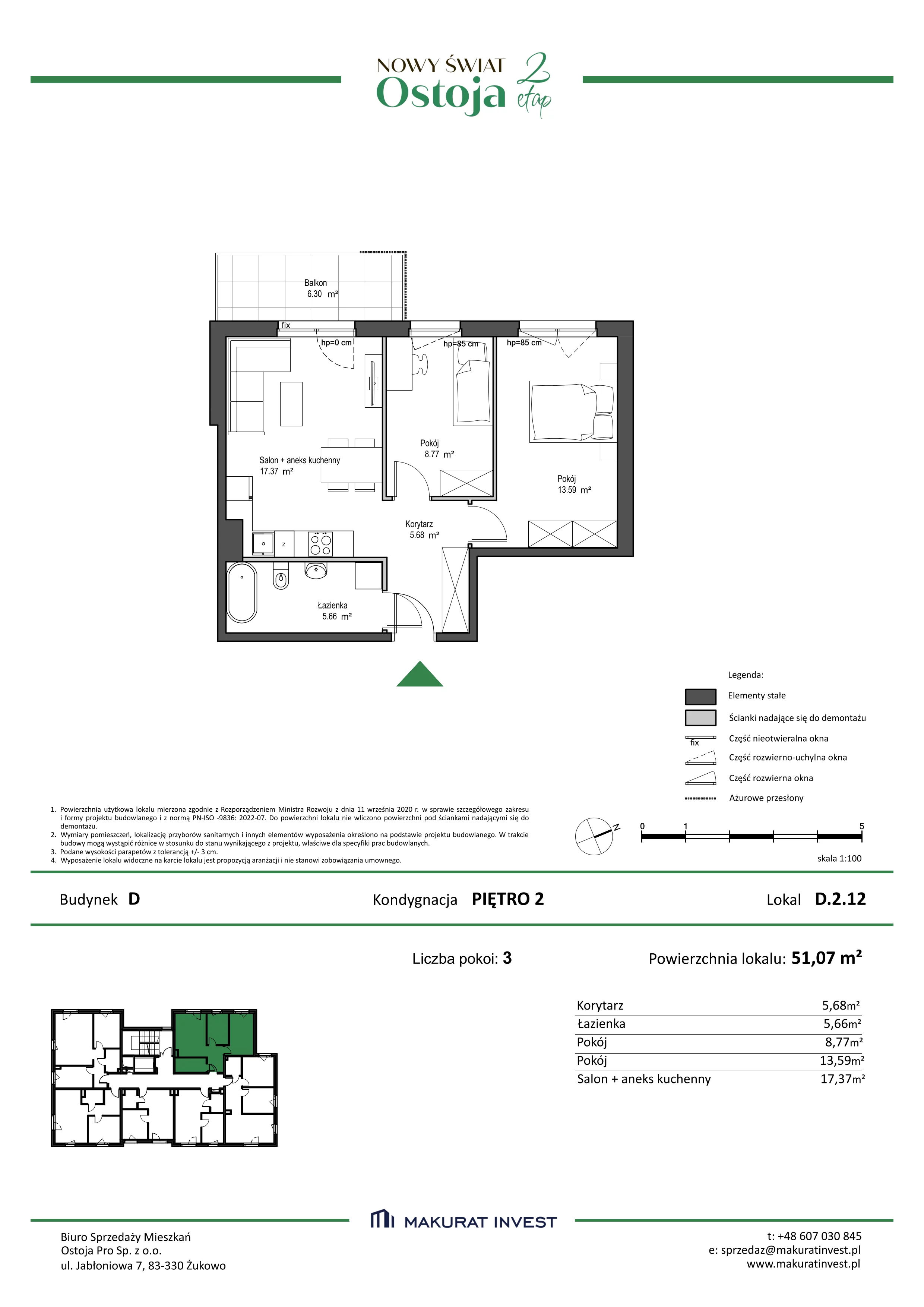 3 pokoje, mieszkanie 51,07 m², piętro 2, oferta nr D.2.12, Nowy Świat Ostoja II etap, Gdańsk, Barniewice, ul. Malinowa