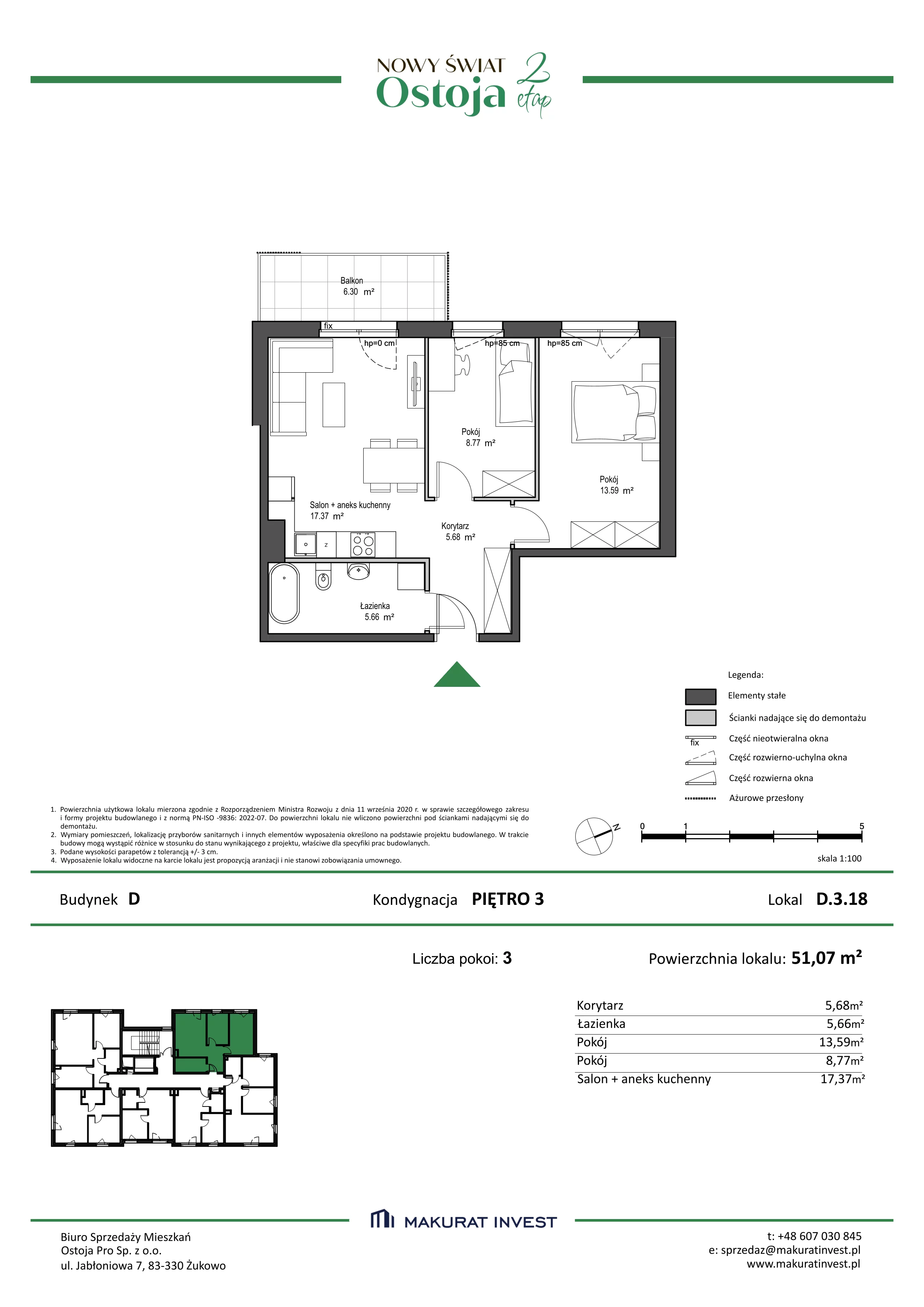 3 pokoje, mieszkanie 51,07 m², piętro 3, oferta nr D.3.18, Nowy Świat Ostoja II etap, Gdańsk, Barniewice, ul. Malinowa