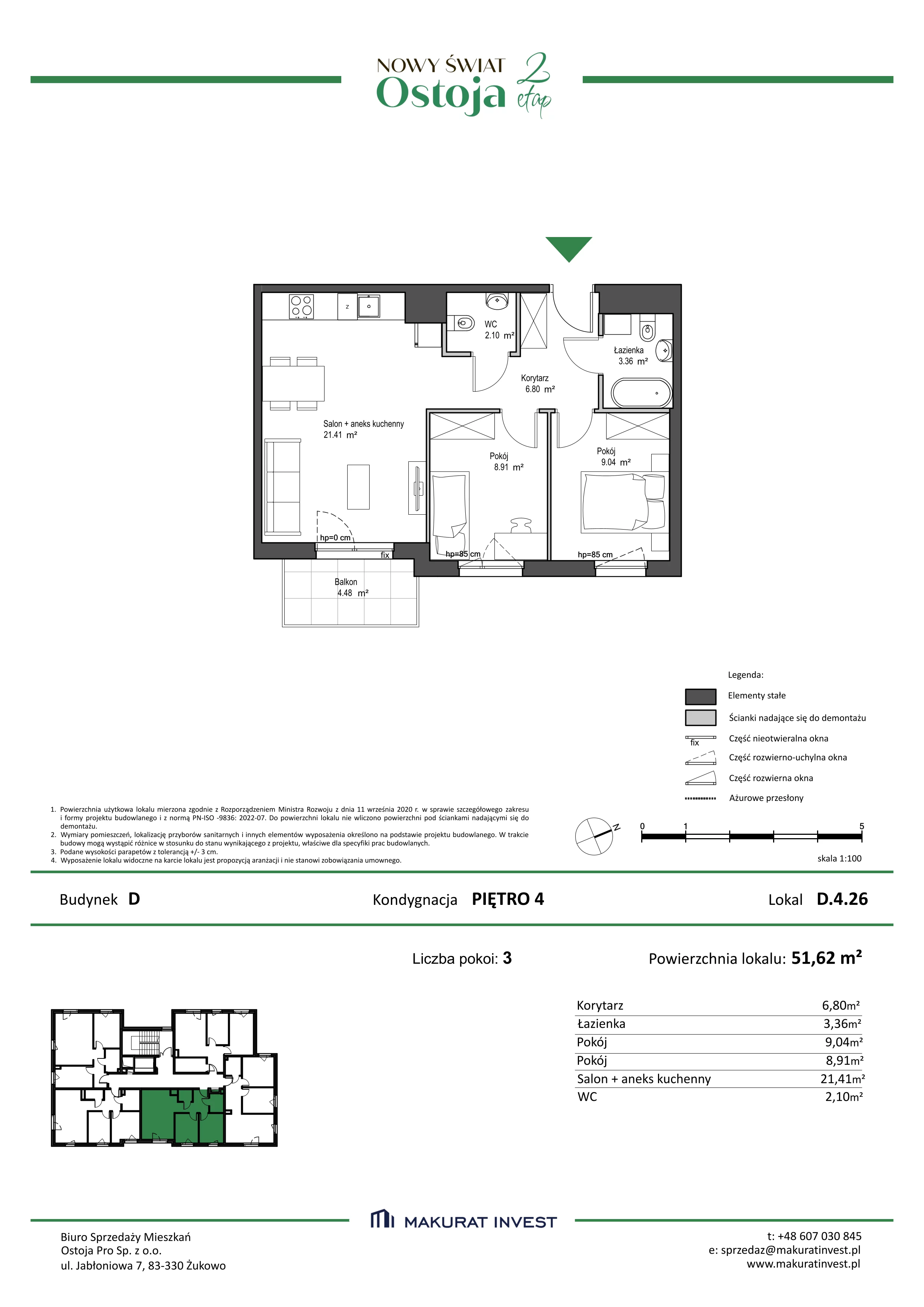3 pokoje, mieszkanie 51,62 m², piętro 4, oferta nr D.4.26, Nowy Świat Ostoja II etap, Gdańsk, Barniewice, ul. Malinowa