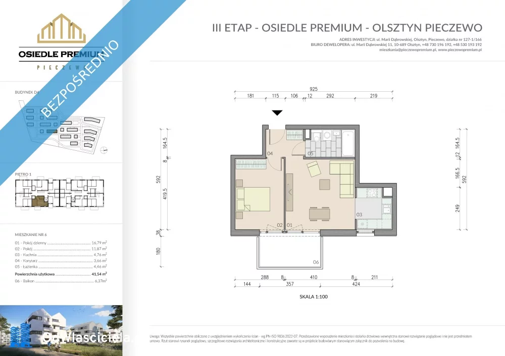 2 pokoje, mieszkanie 42,00 m², piętro 1, oferta nr , 37311, Olsztyn, Pieczewo, Marii Dąbrowskiej 23
