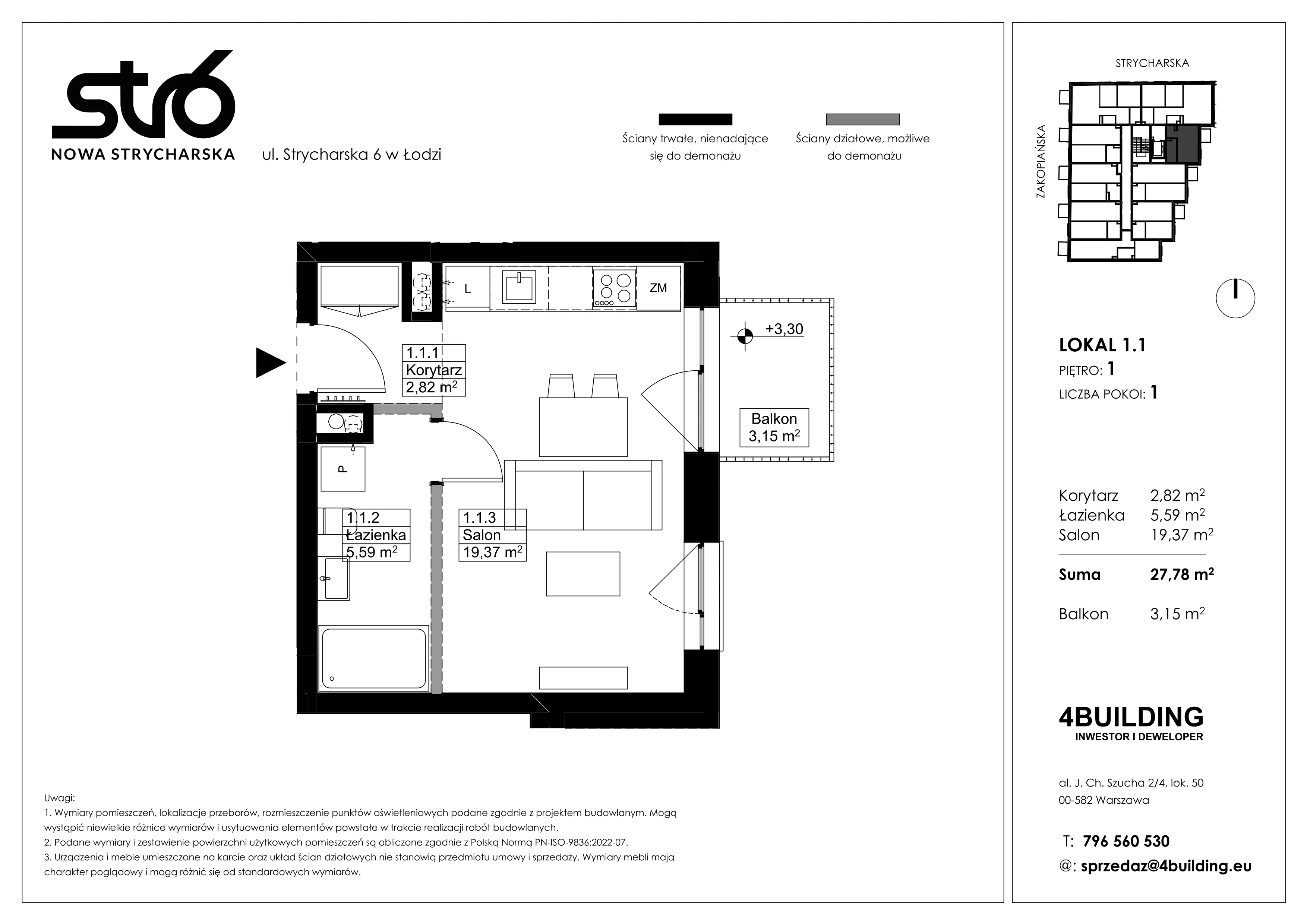 1 pokój, mieszkanie 27,78 m², piętro 1, oferta nr 1.1, Nowa Strycharska | STR 6, Łódź, Górna, ul. Strycharska 6