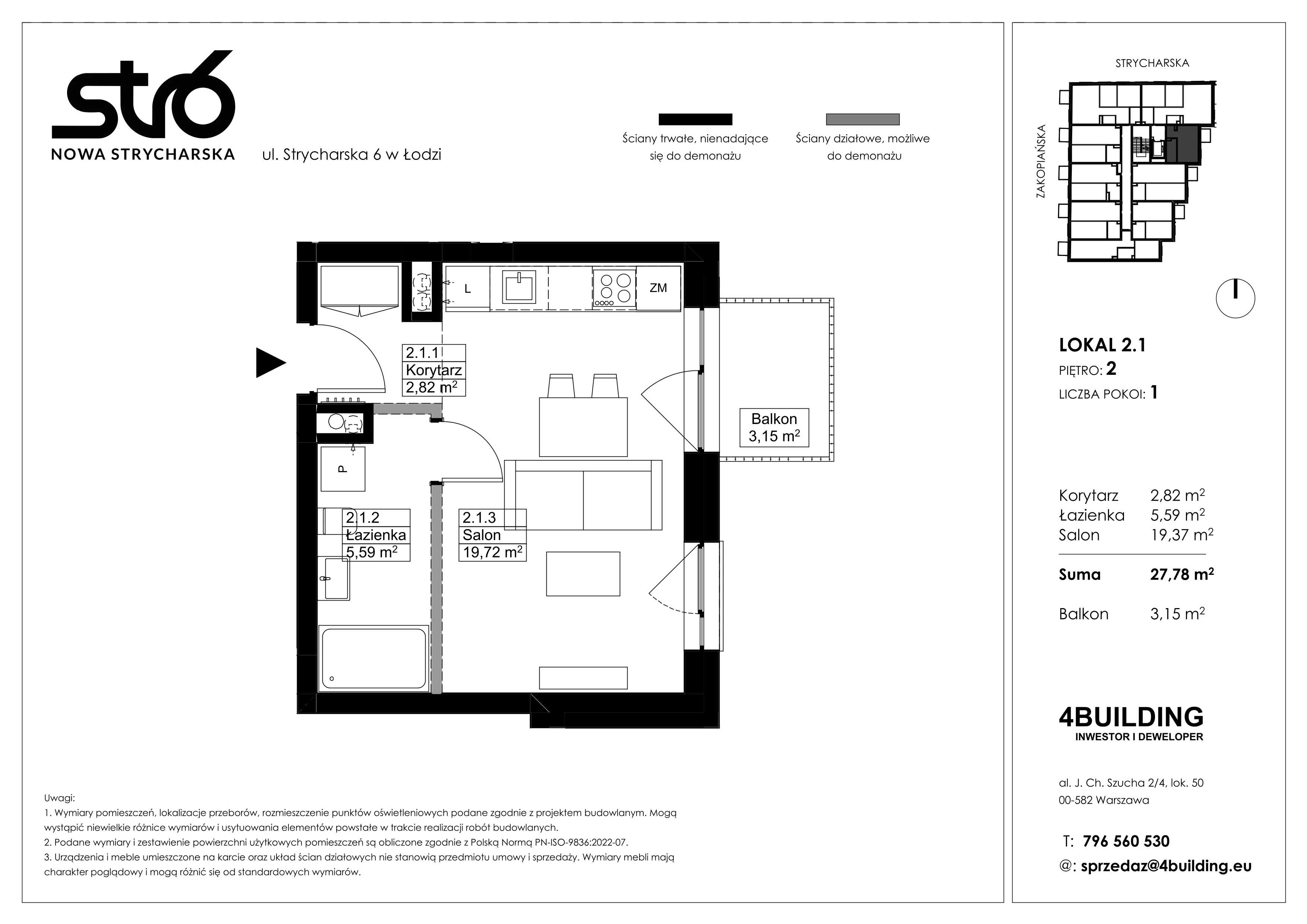 1 pokój, mieszkanie 27,78 m², piętro 2, oferta nr 2.1, Nowa Strycharska | STR 6, Łódź, Górna, ul. Strycharska 6
