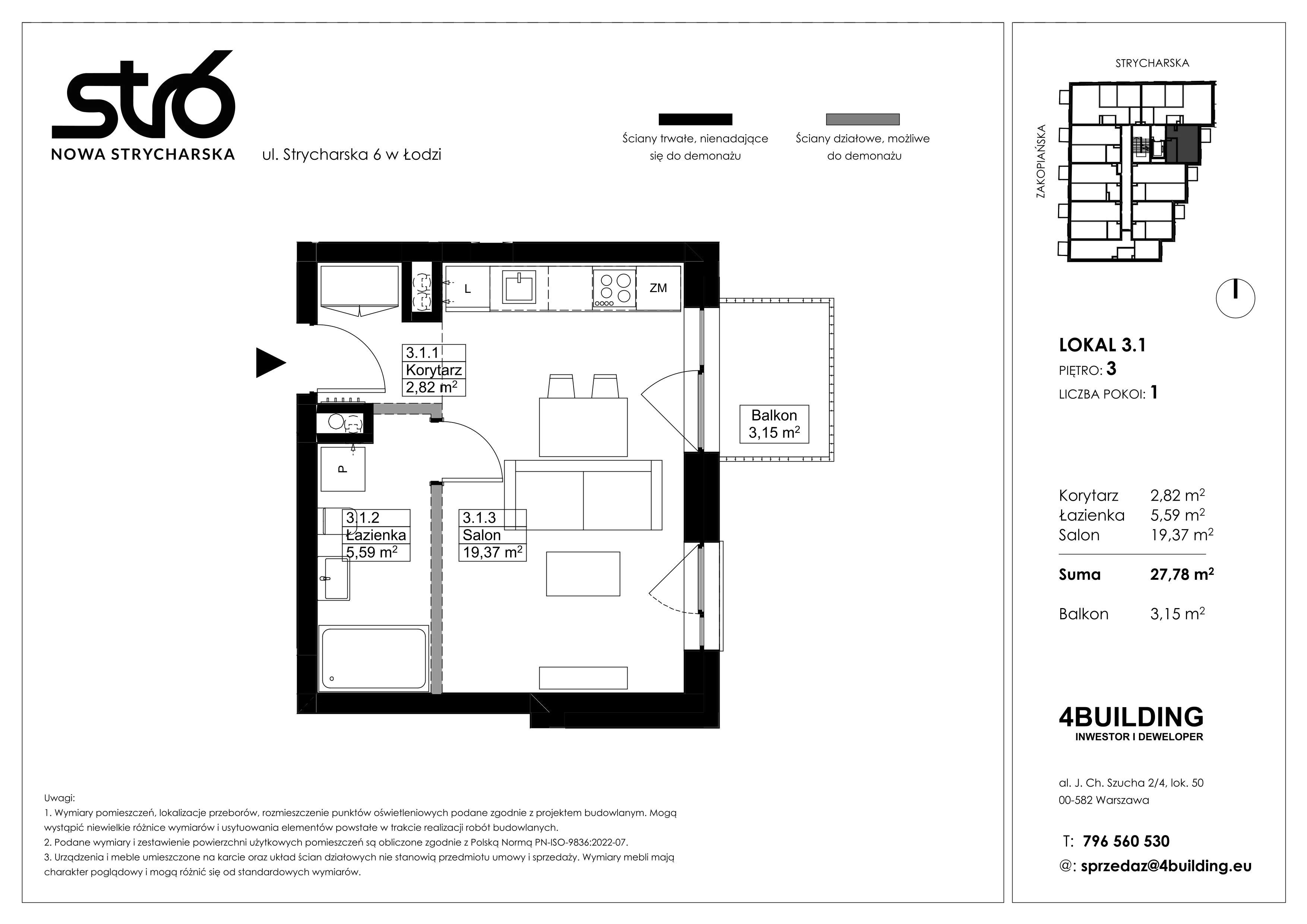 1 pokój, mieszkanie 27,78 m², piętro 3, oferta nr 3.1, Nowa Strycharska | STR 6, Łódź, Górna, ul. Strycharska 6