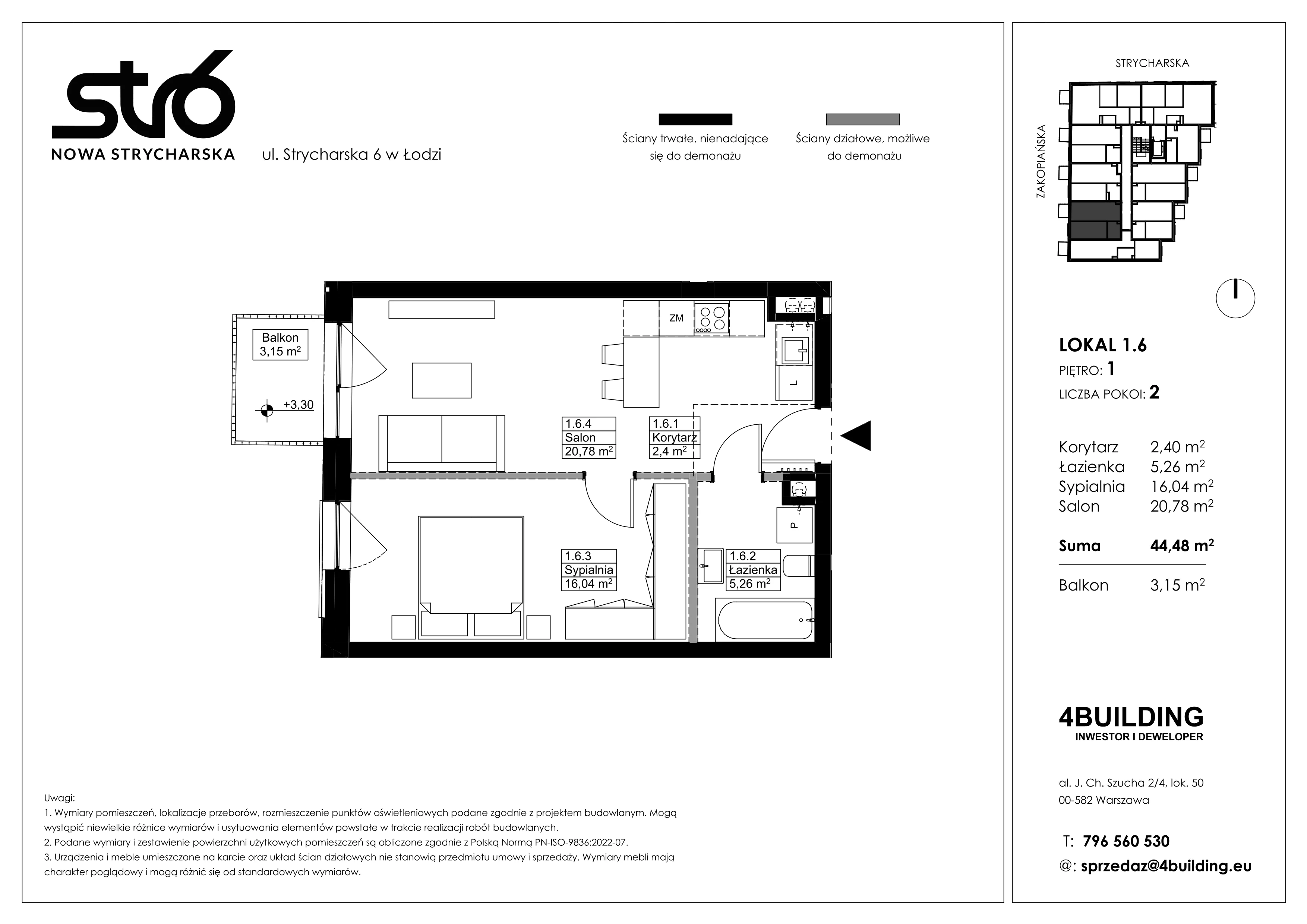 2 pokoje, mieszkanie 44,48 m², piętro 1, oferta nr 1.6, Nowa Strycharska | STR 6, Łódź, Górna, ul. Strycharska 6