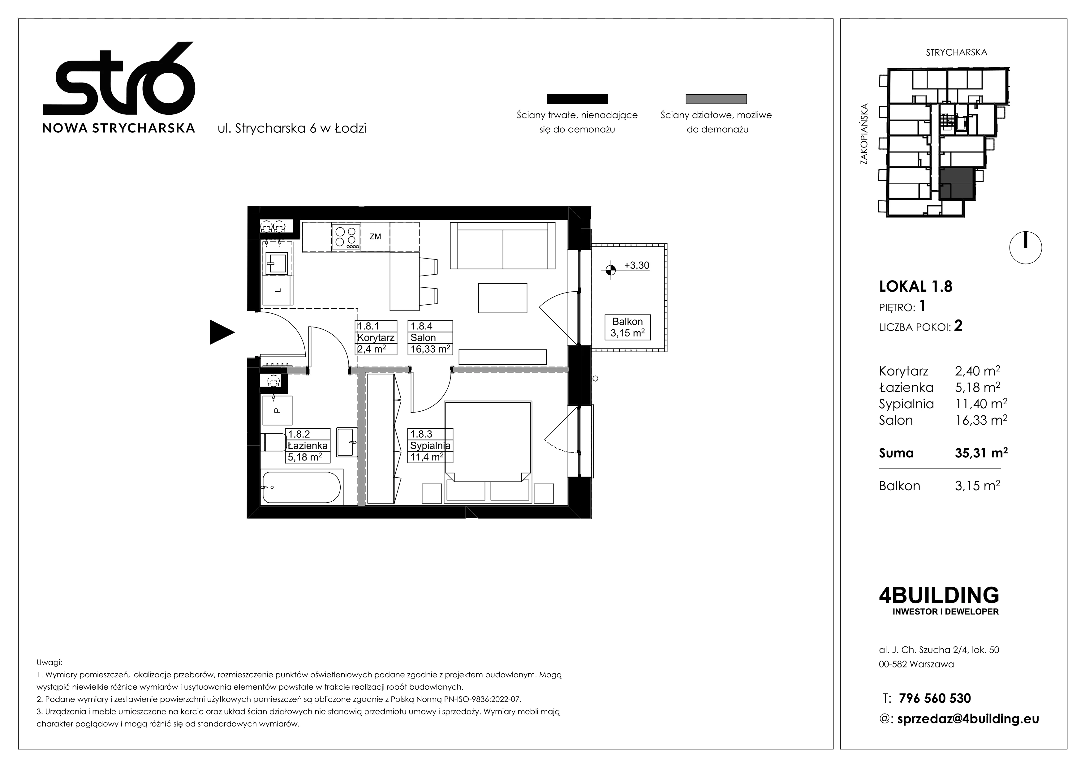 2 pokoje, mieszkanie 35,31 m², piętro 1, oferta nr 1.8, Nowa Strycharska | STR 6, Łódź, Górna, ul. Strycharska 6