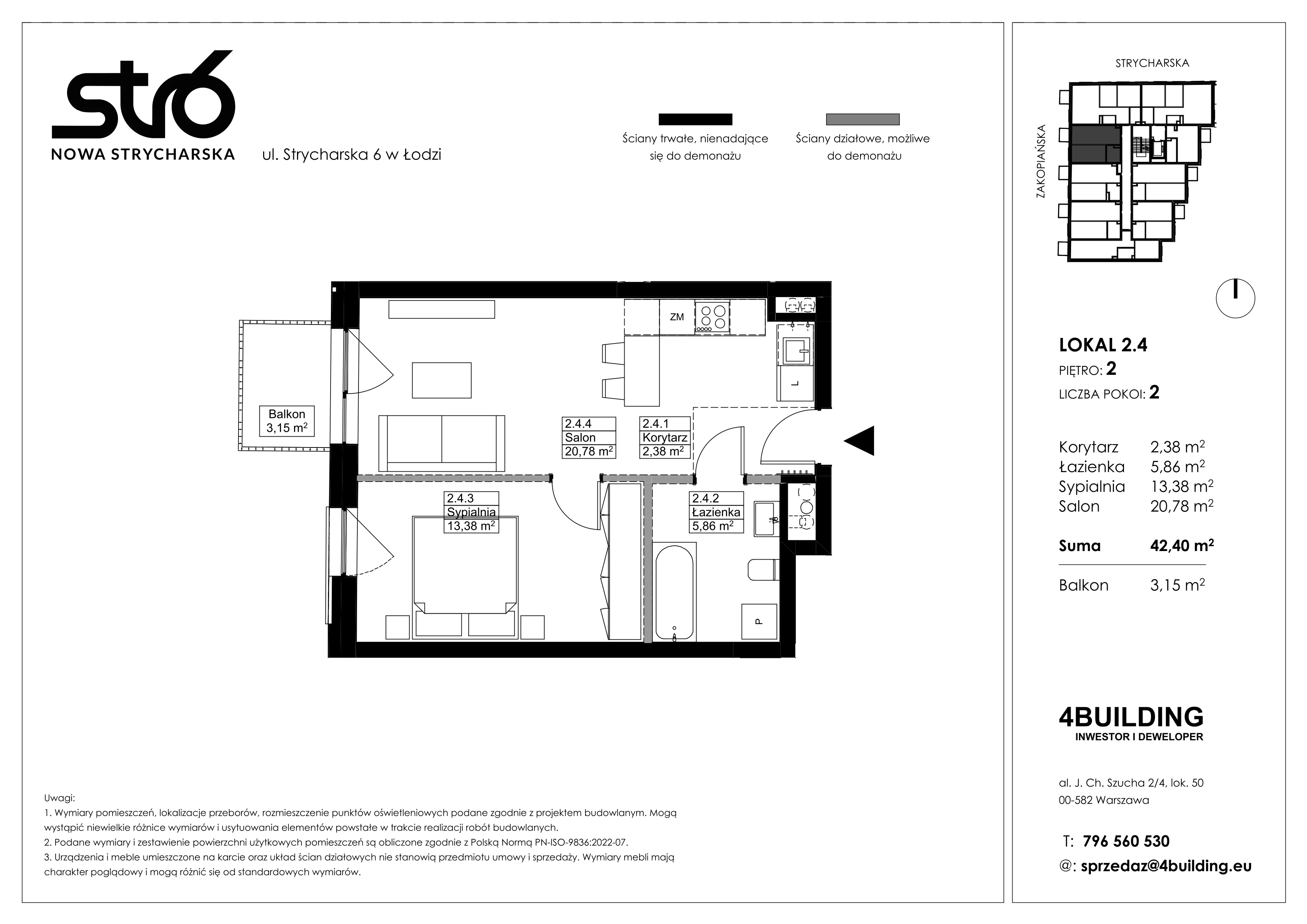 2 pokoje, mieszkanie 42,40 m², piętro 2, oferta nr 2.4, Nowa Strycharska | STR 6, Łódź, Górna, ul. Strycharska 6