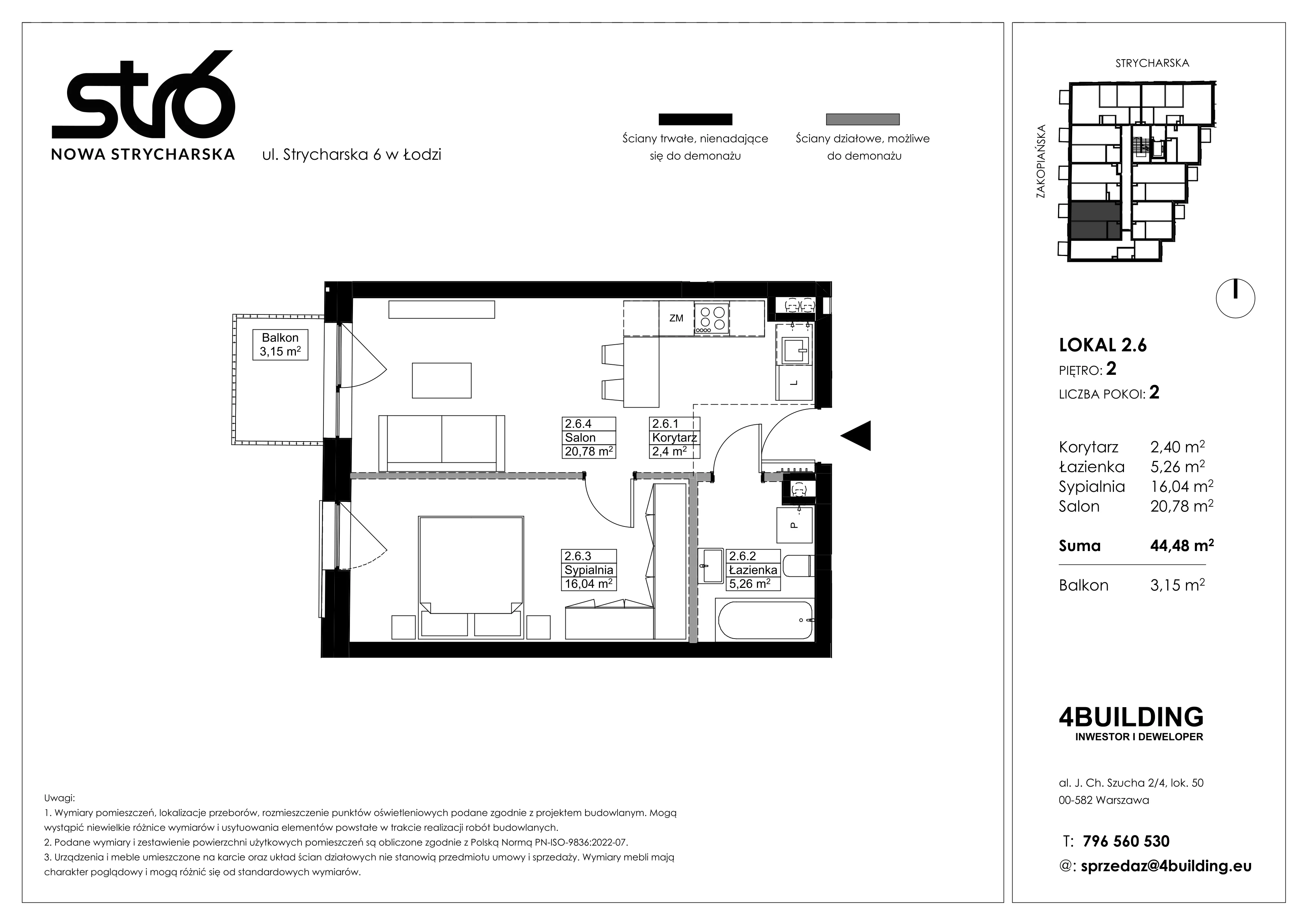 2 pokoje, mieszkanie 44,48 m², piętro 2, oferta nr 2.6, Nowa Strycharska | STR 6, Łódź, Górna, ul. Strycharska 6