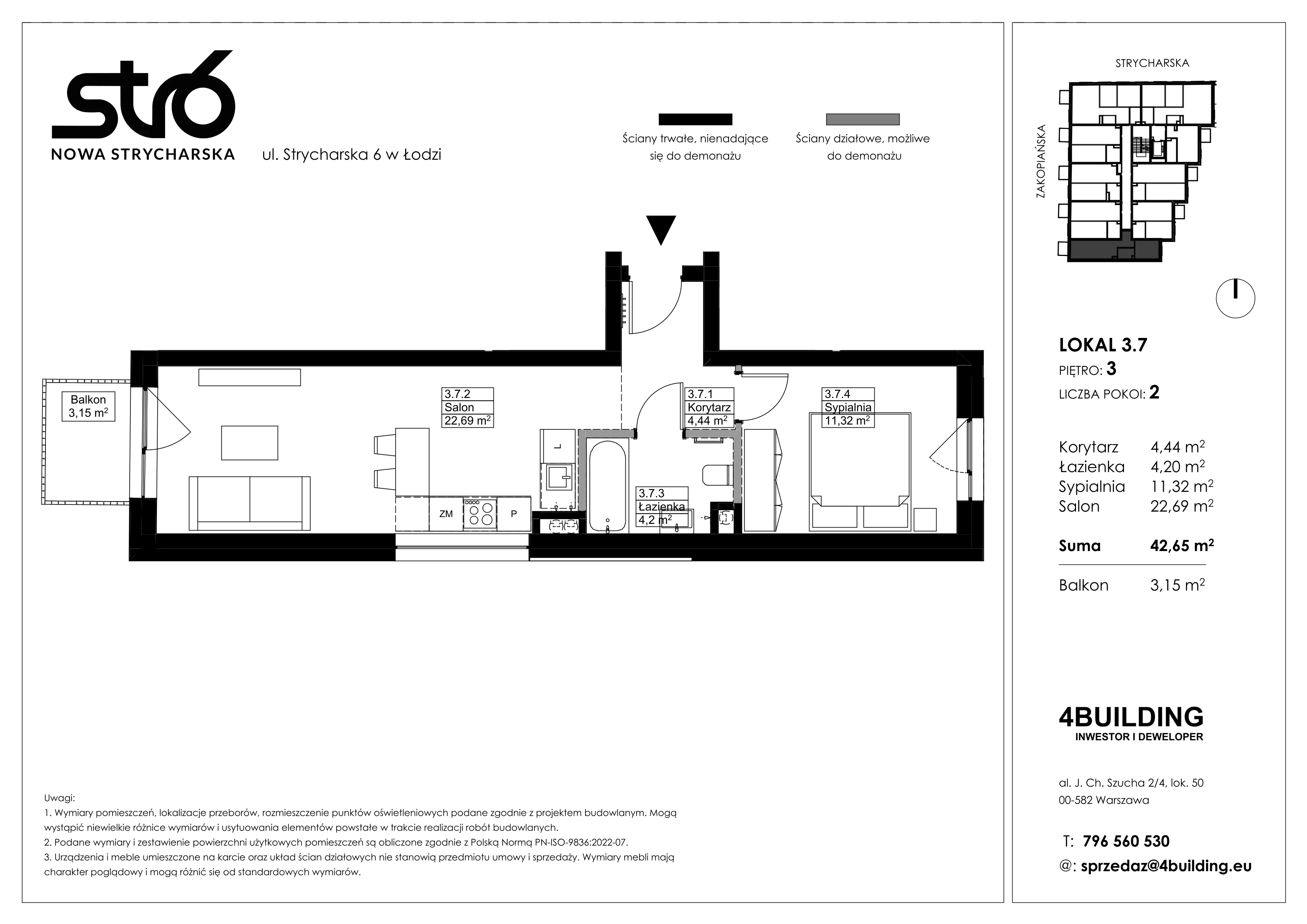 2 pokoje, mieszkanie 42,65 m², piętro 3, oferta nr 3.7, Nowa Strycharska | STR 6, Łódź, Górna, ul. Strycharska 6