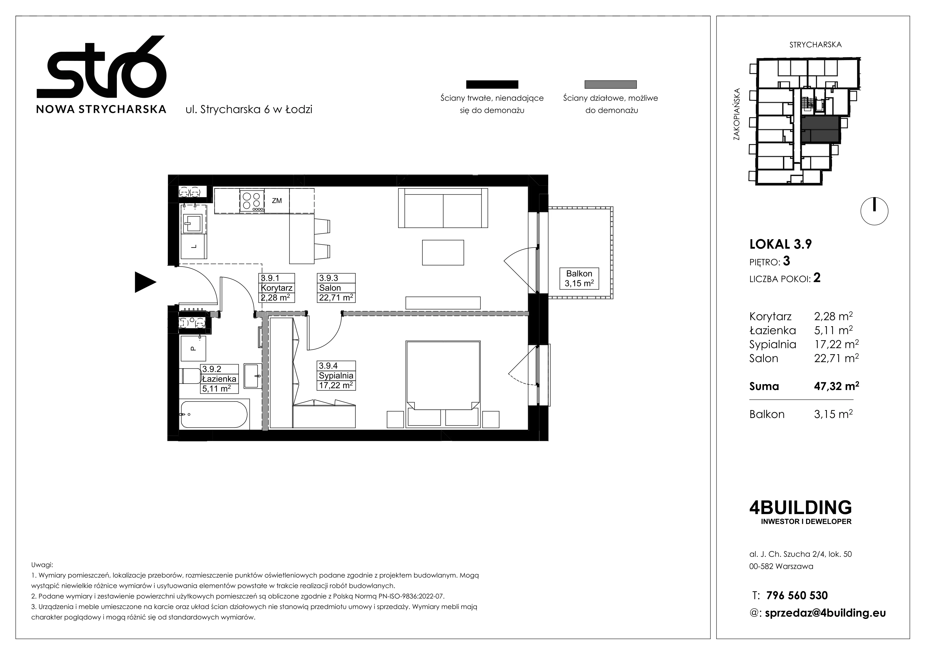 2 pokoje, mieszkanie 47,32 m², piętro 3, oferta nr 3.9, Nowa Strycharska | STR 6, Łódź, Górna, ul. Strycharska 6