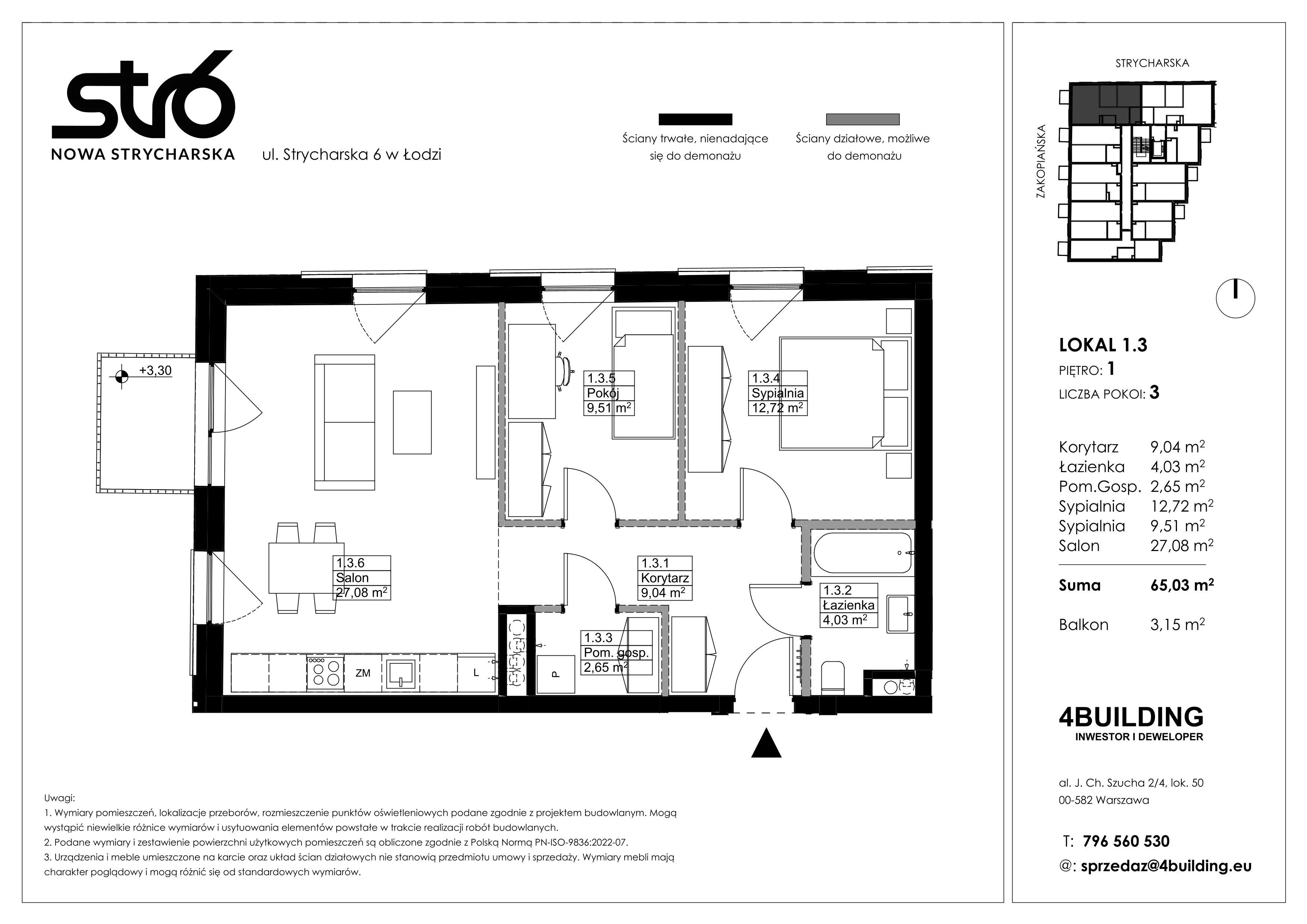 3 pokoje, mieszkanie 65,03 m², piętro 1, oferta nr 1.3, Nowa Strycharska | STR 6, Łódź, Górna, ul. Strycharska 6
