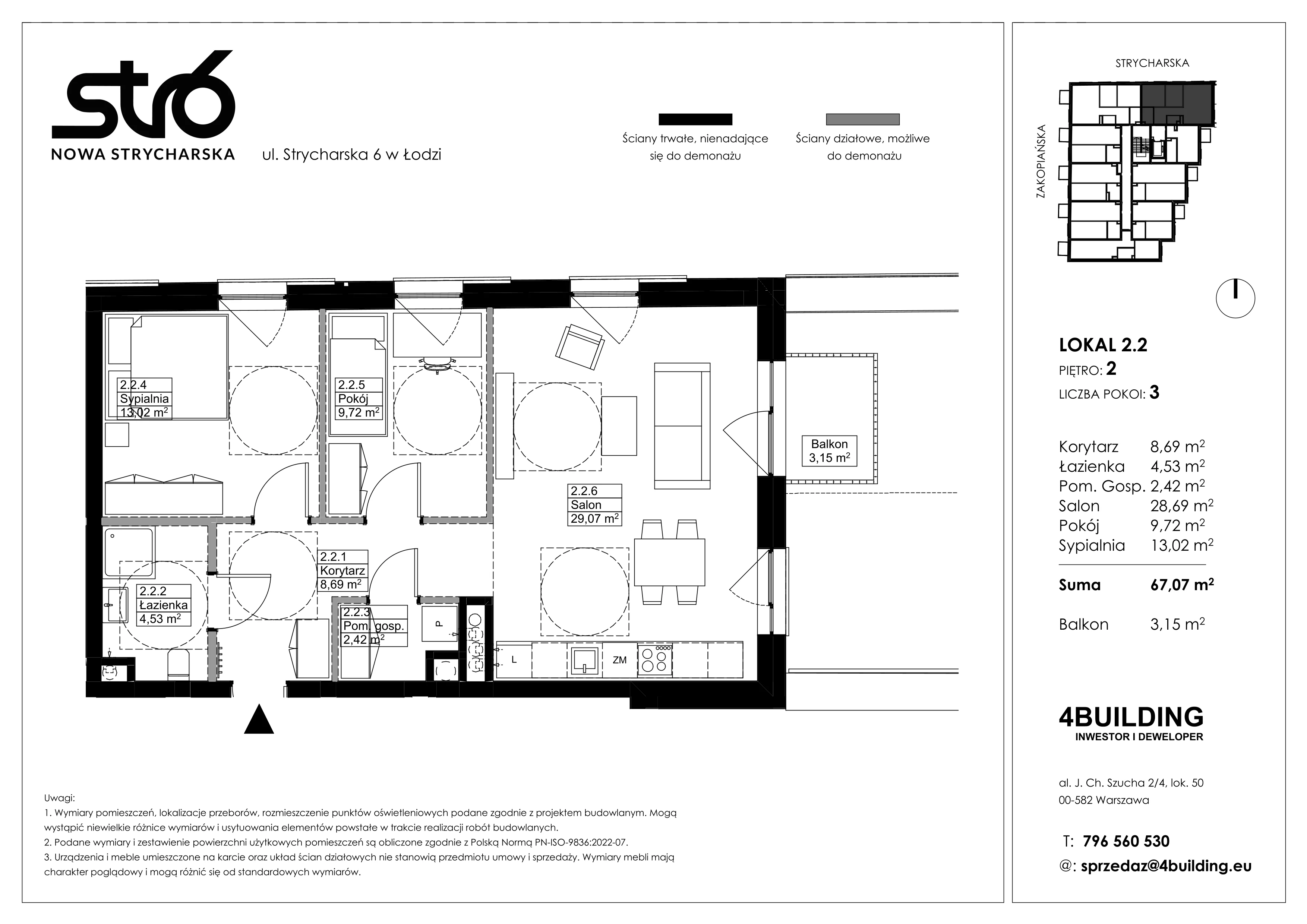 3 pokoje, mieszkanie 67,07 m², piętro 2, oferta nr 2.2, Nowa Strycharska | STR 6, Łódź, Górna, ul. Strycharska 6