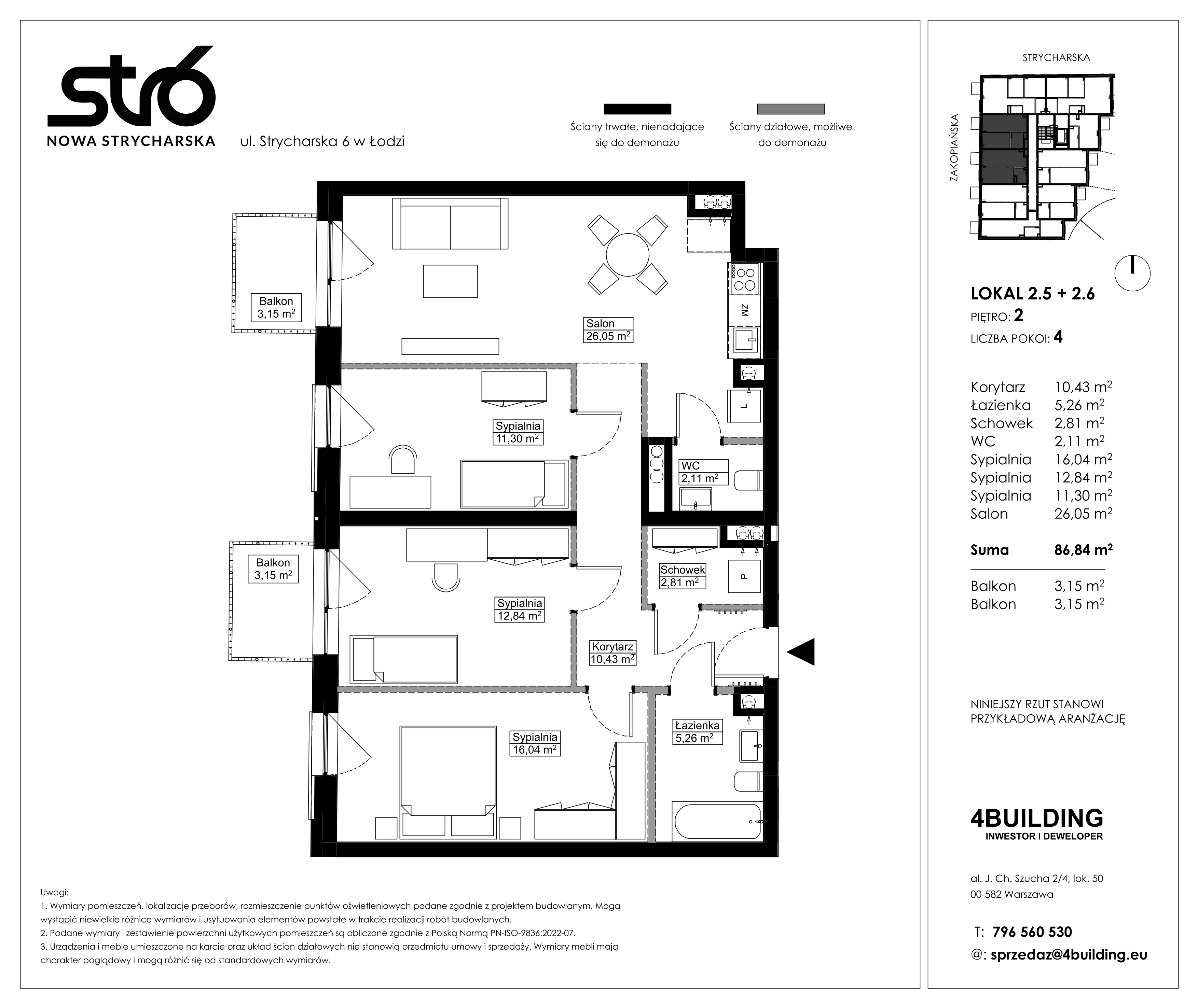 4 pokoje, mieszkanie 86,84 m², piętro 2, oferta nr 2.5/2.6, Nowa Strycharska | STR 6, Łódź, Górna, ul. Strycharska 6