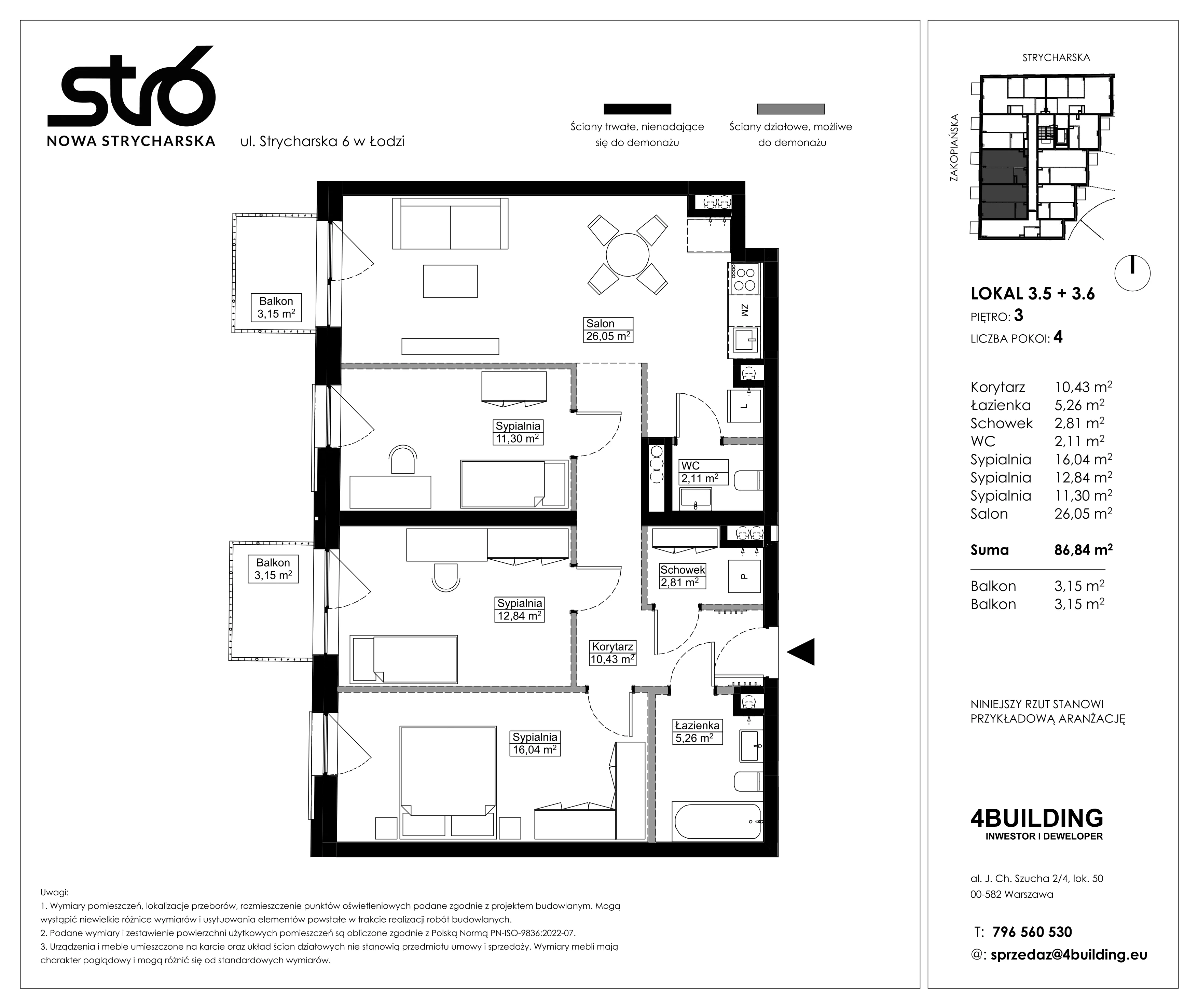 4 pokoje, mieszkanie 86,84 m², piętro 3, oferta nr 3.5/3.6, Nowa Strycharska | STR 6, Łódź, Górna, ul. Strycharska 6