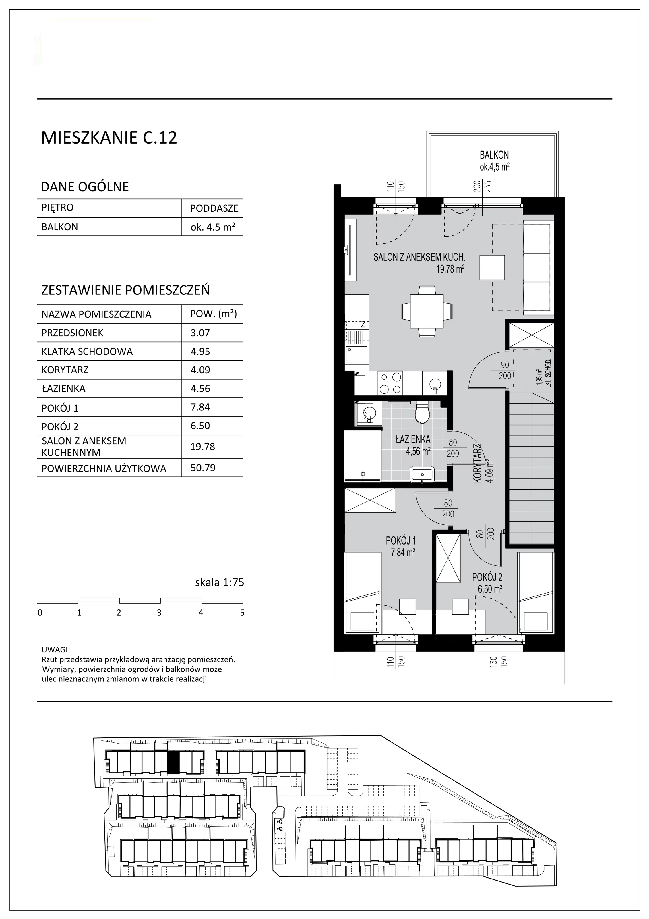 3 pokoje, mieszkanie 50,79 m², piętro 1, oferta nr C12, Kowalove, Borkowo, ul. Poziomkowa 