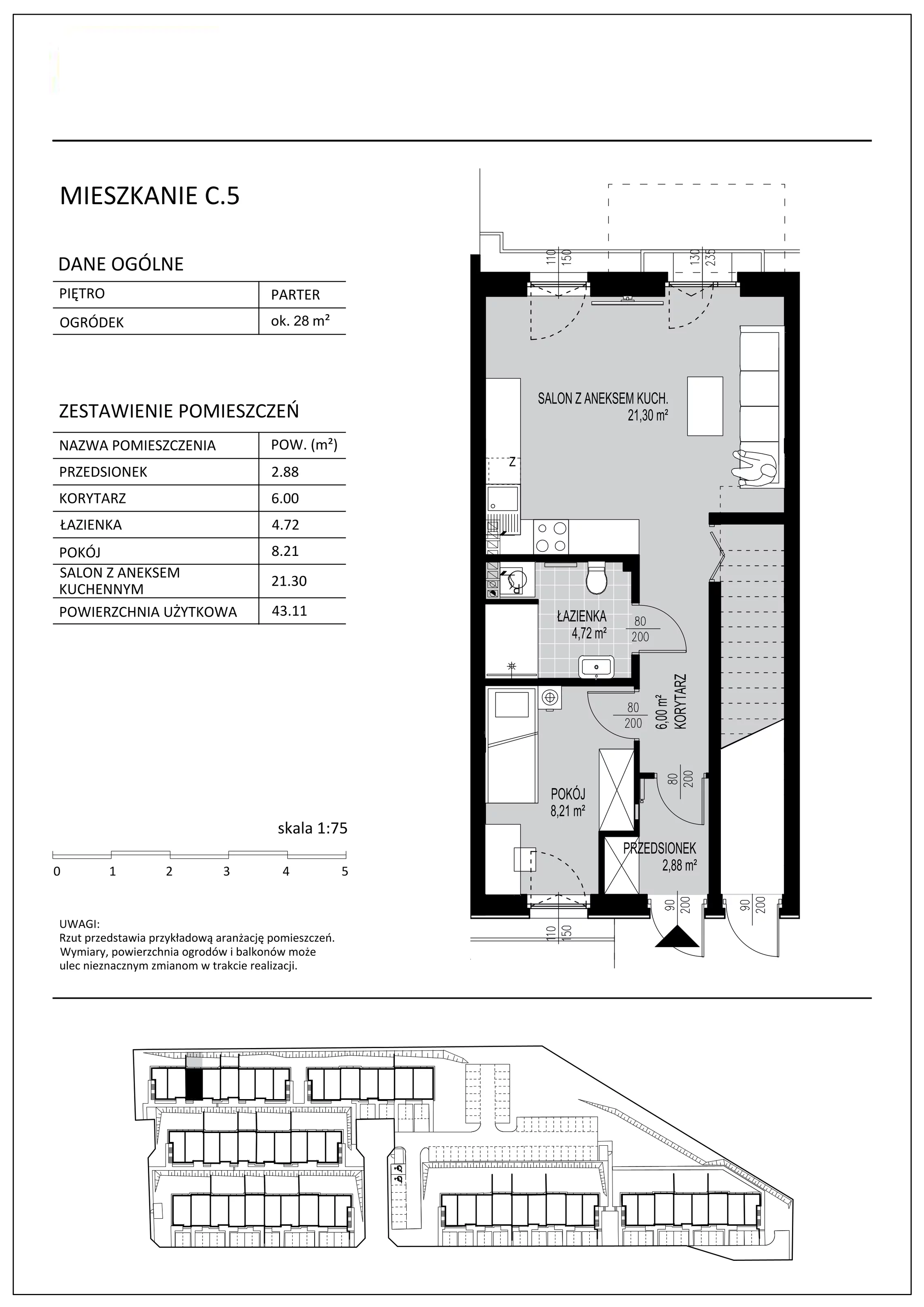 2 pokoje, mieszkanie 43,11 m², parter, oferta nr C5, Kowalove, Borkowo, ul. Poziomkowa 