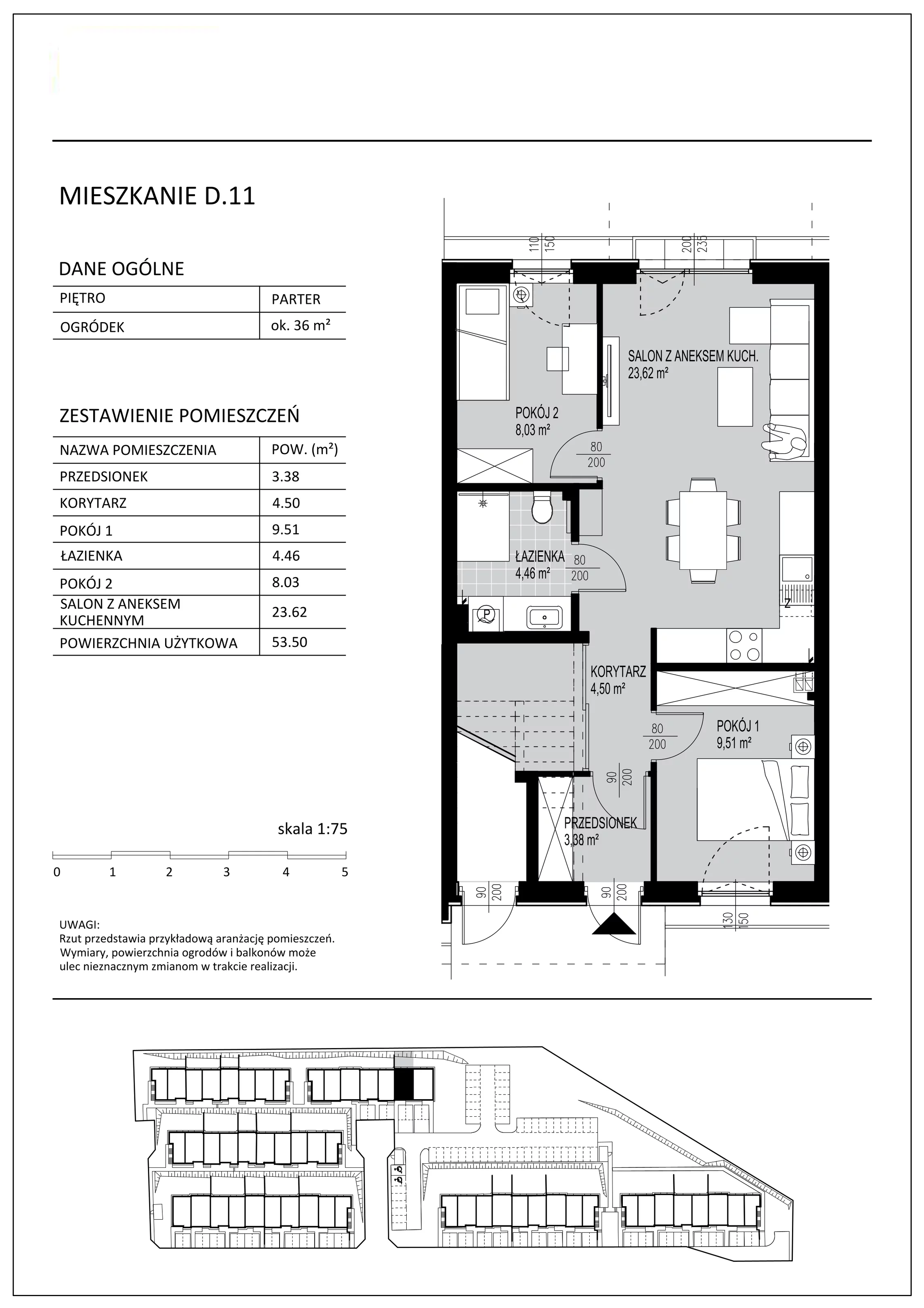 3 pokoje, mieszkanie 53,50 m², parter, oferta nr D11, Kowalove, Borkowo, ul. Poziomkowa