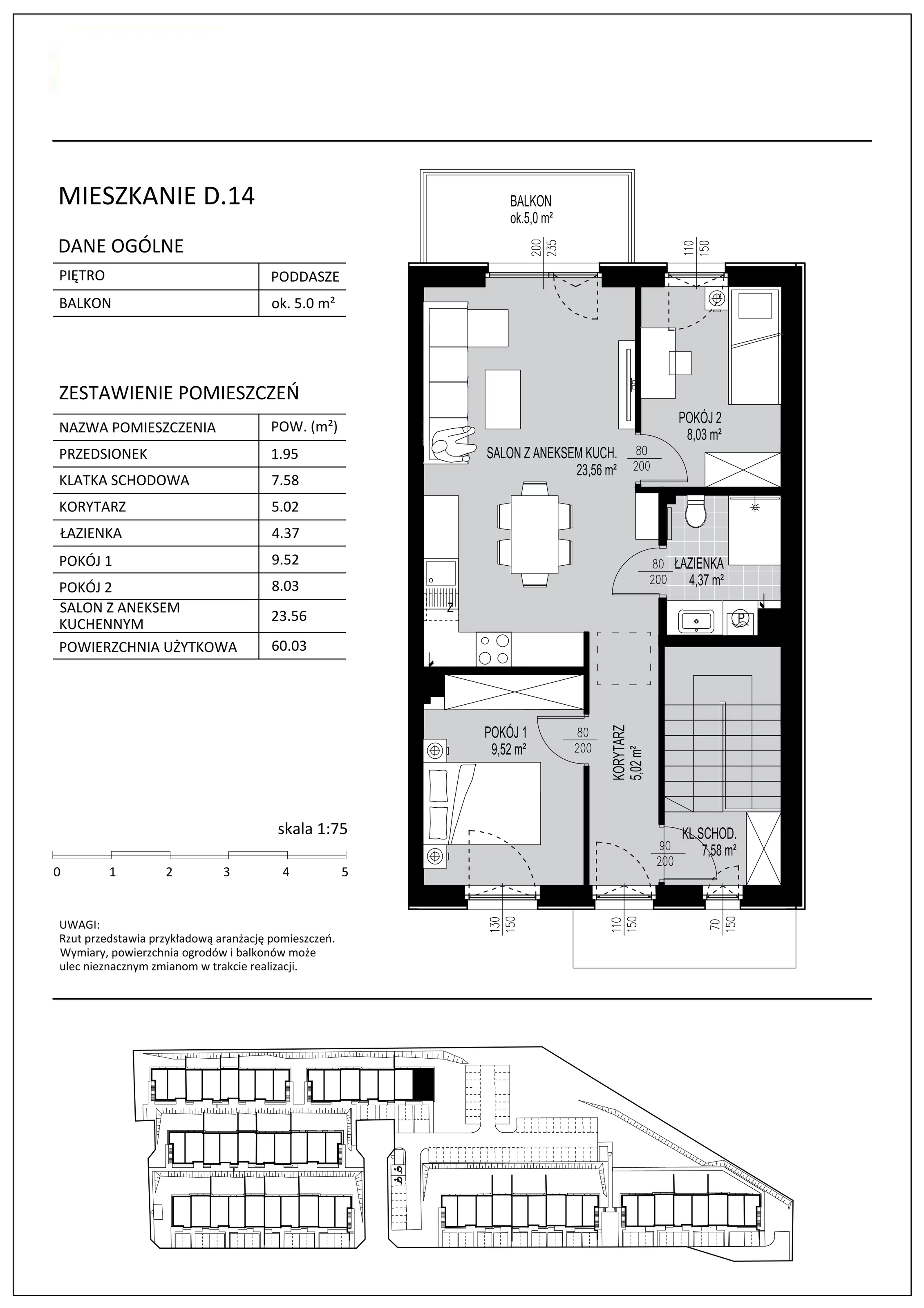 3 pokoje, mieszkanie 60,03 m², piętro 1, oferta nr D14, Kowalove, Borkowo, ul. Poziomkowa