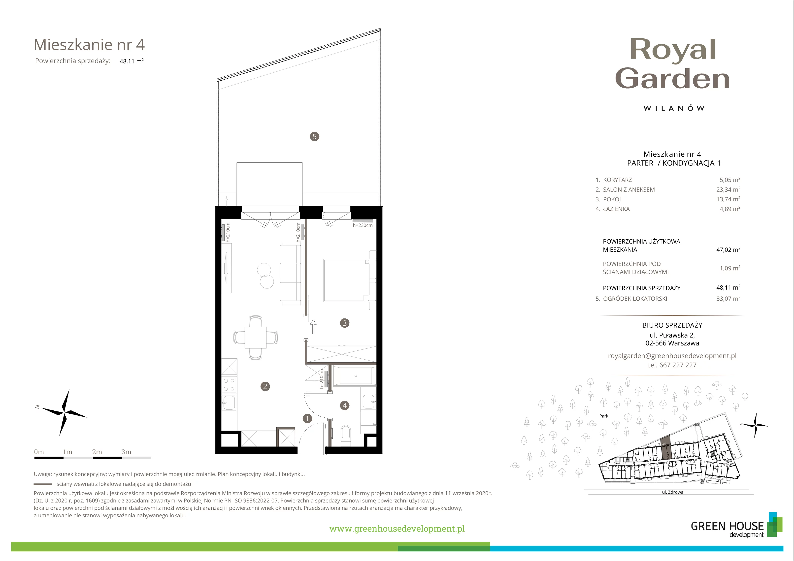 Mieszkanie 47,02 m², parter, oferta nr M.04, Royal Garden Wilanów, Warszawa, Wilanów, Błonia Wilanowskie, ul. Zdrowa / Dyniowa