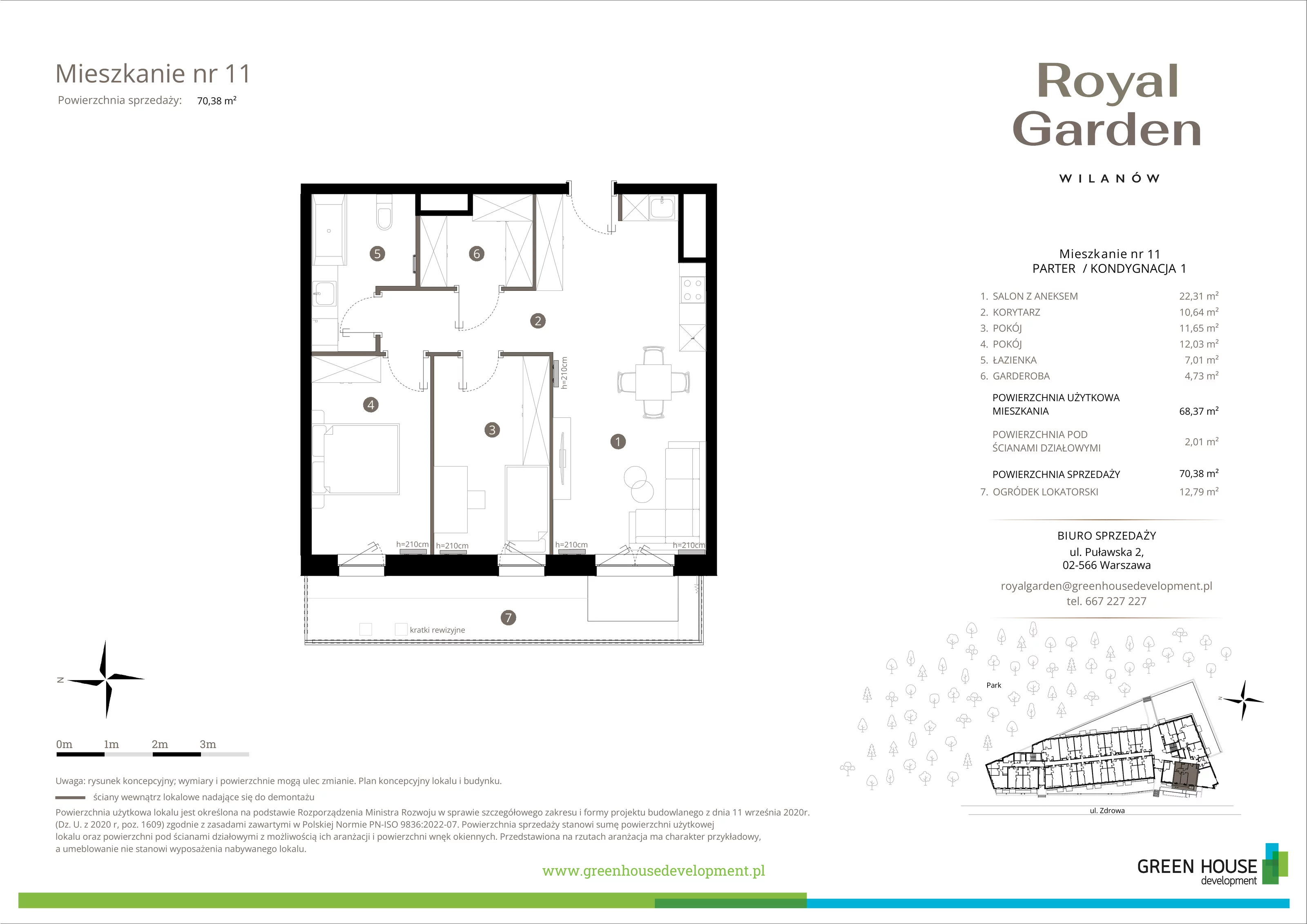 3 pokoje, apartament 68,37 m², parter, oferta nr M.11, Royal Garden Wilanów, apartamenty w zabudowie wielorodzinnej, Warszawa, Wilanów, Błonia Wilanowskie, ul. Zdrowa