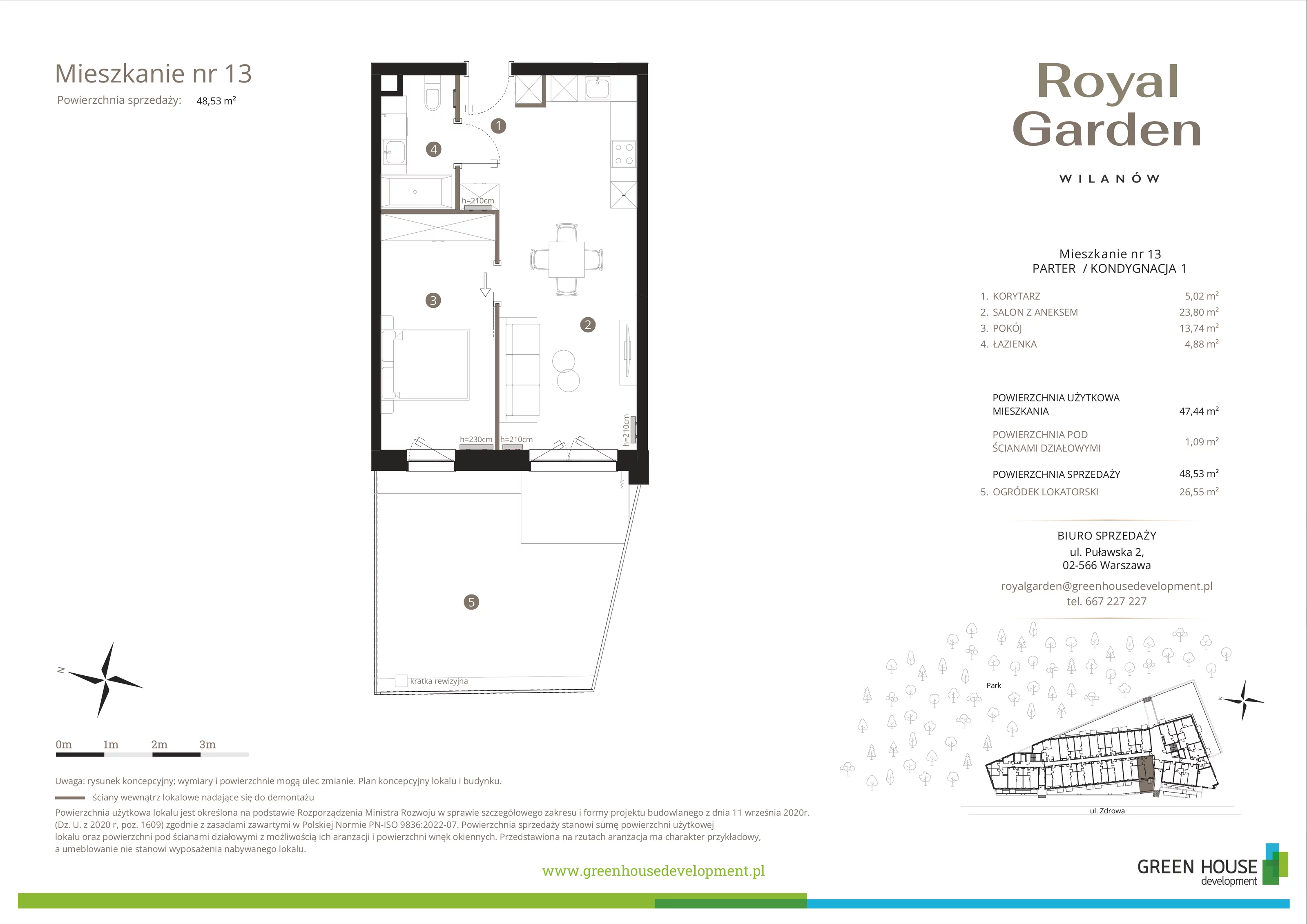 Mieszkanie 47,44 m², parter, oferta nr M.13, Royal Garden Wilanów, Warszawa, Wilanów, Błonia Wilanowskie, ul. Zdrowa / Dyniowa