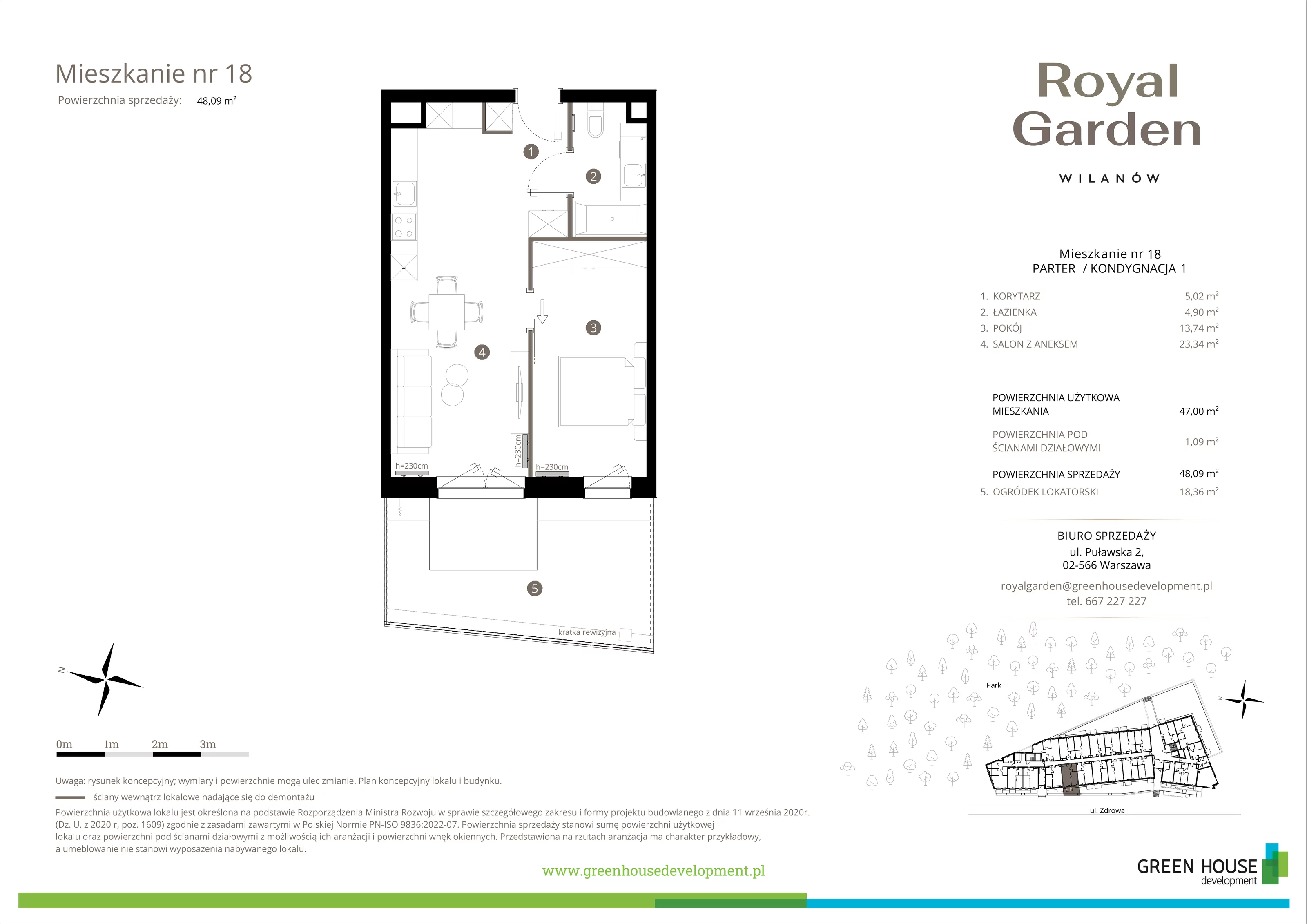 Mieszkanie 47,00 m², parter, oferta nr M.18, Royal Garden Wilanów, Warszawa, Wilanów, Błonia Wilanowskie, ul. Zdrowa / Dyniowa