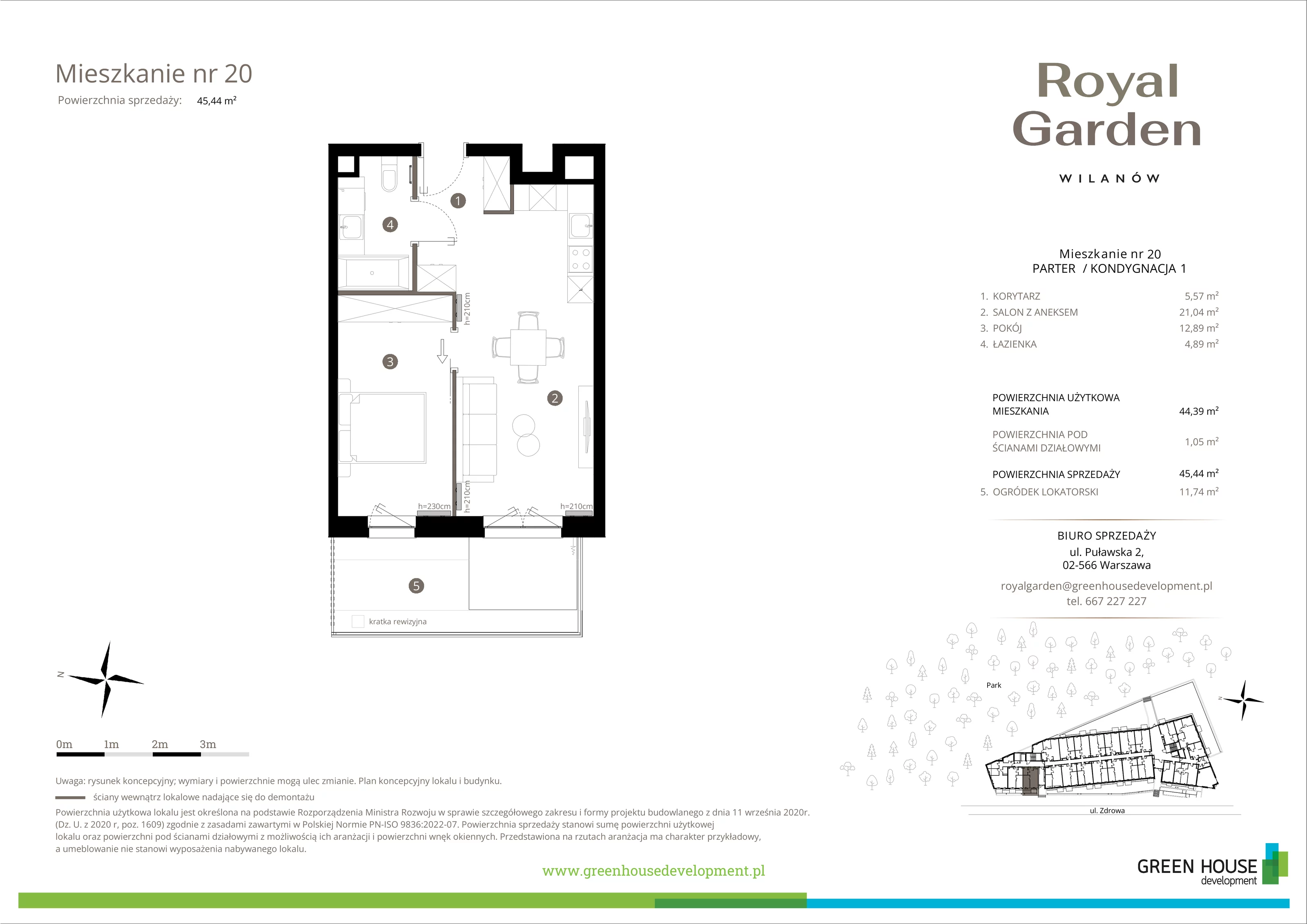 Mieszkanie 44,39 m², parter, oferta nr M.20, Royal Garden Wilanów, Warszawa, Wilanów, Błonia Wilanowskie, ul. Zdrowa / Dyniowa