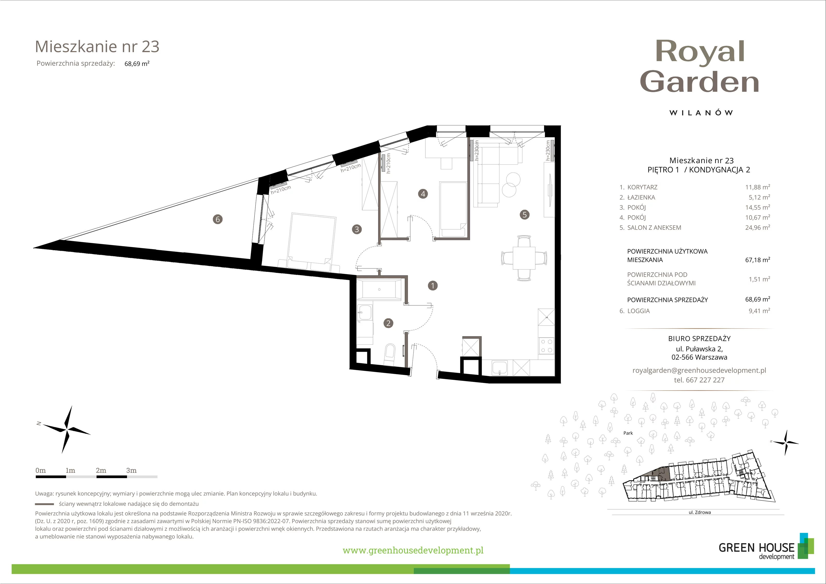 3 pokoje, apartament 67,18 m², piętro 1, oferta nr M.23, Royal Garden Wilanów, apartamenty w zabudowie wielorodzinnej, Warszawa, Wilanów, Błonia Wilanowskie, ul. Zdrowa