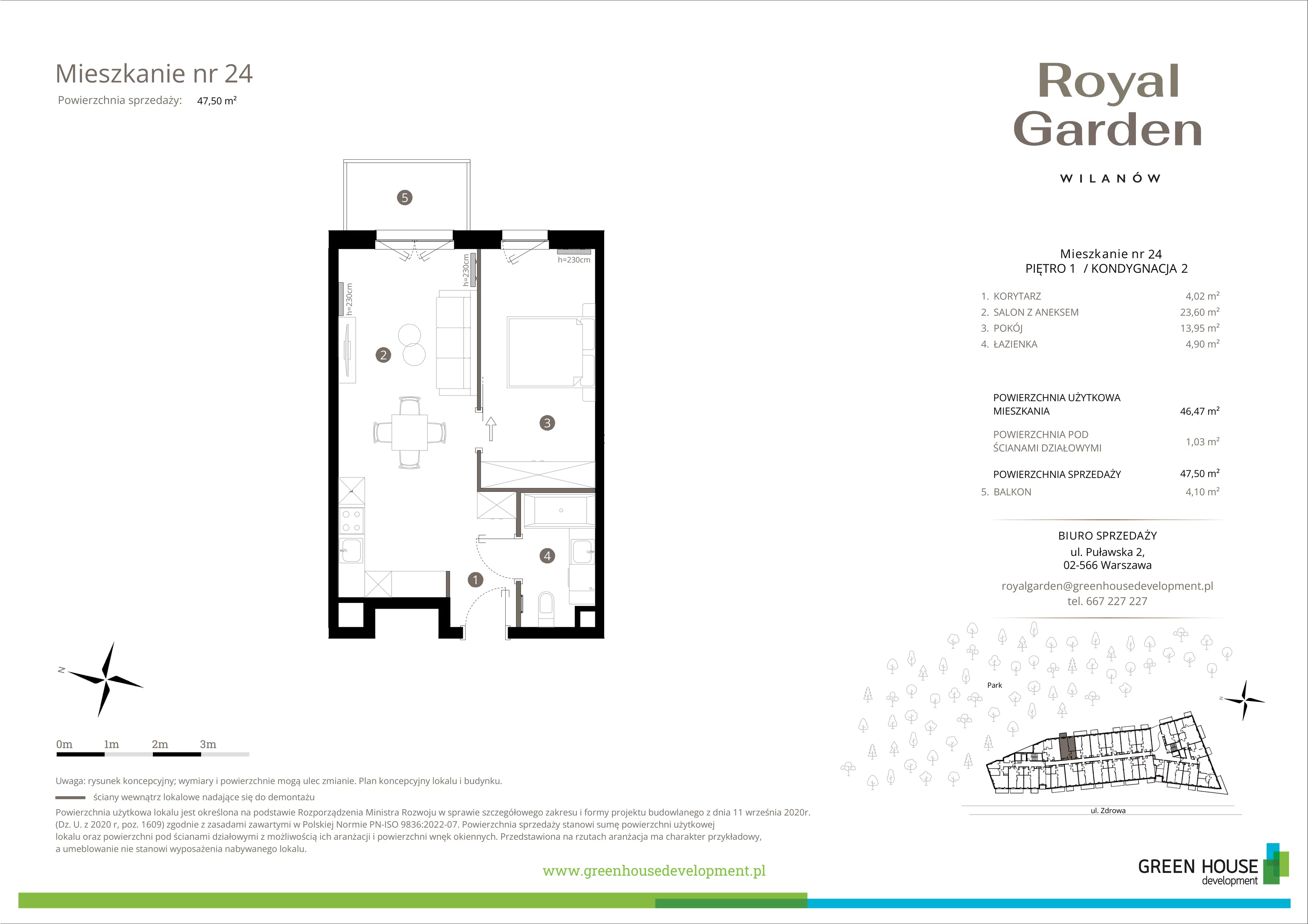 Mieszkanie 46,47 m², piętro 1, oferta nr M.24, Royal Garden Wilanów, Warszawa, Wilanów, Błonia Wilanowskie, ul. Zdrowa / Dyniowa