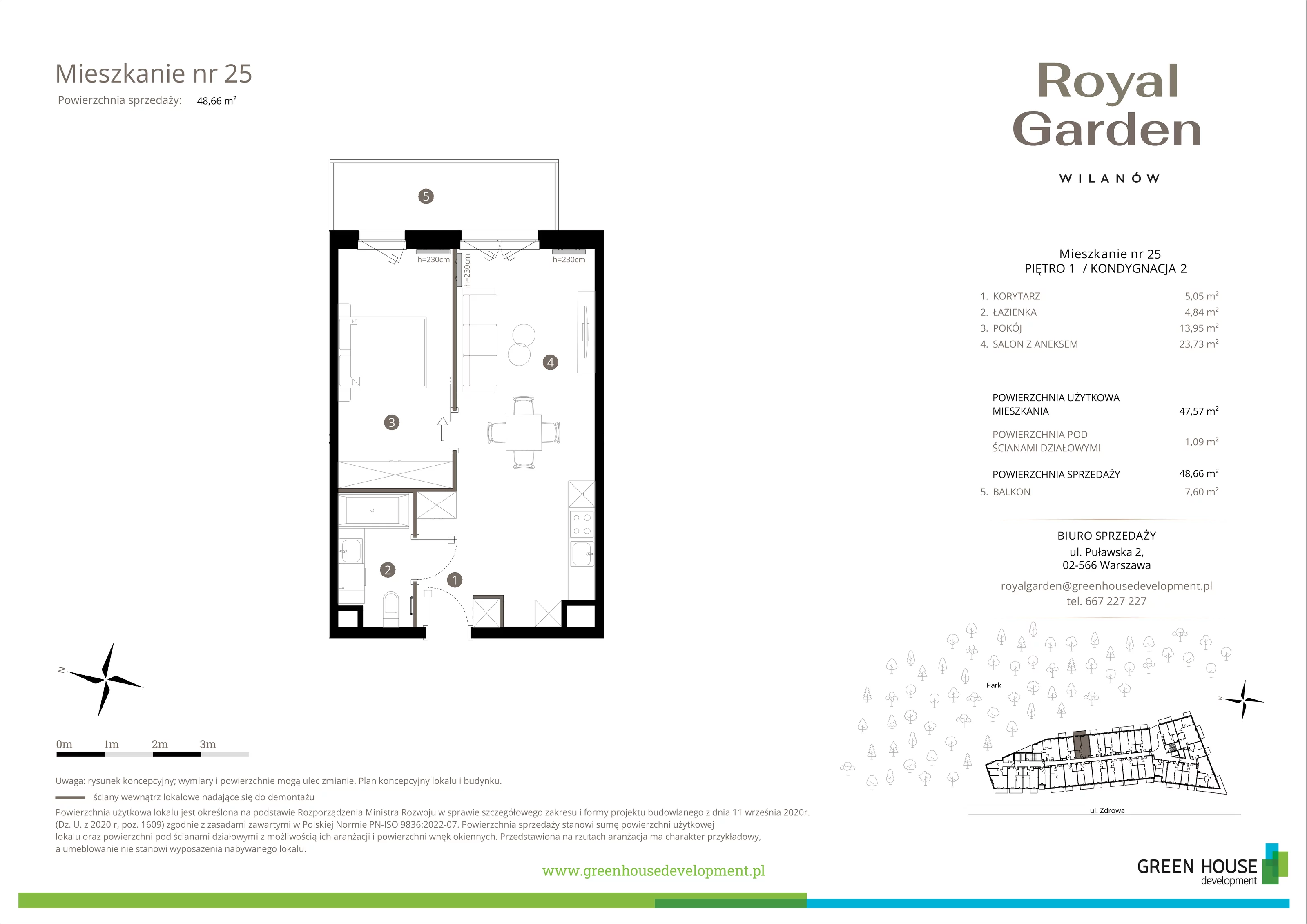 Mieszkanie 47,57 m², piętro 1, oferta nr M.25, Royal Garden Wilanów, Warszawa, Wilanów, Błonia Wilanowskie, ul. Zdrowa / Dyniowa