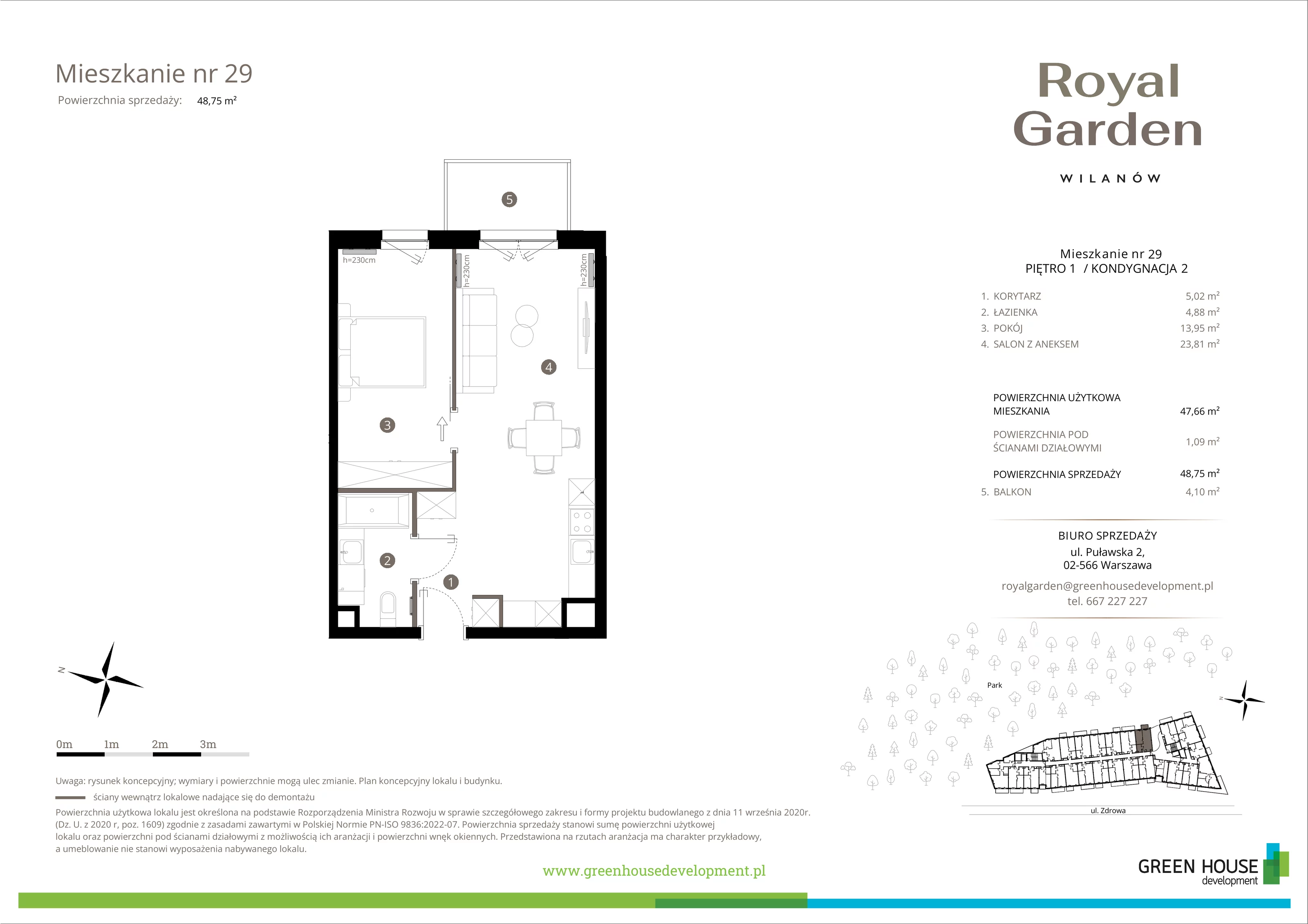 Mieszkanie 47,66 m², piętro 1, oferta nr M.29, Royal Garden Wilanów, Warszawa, Wilanów, Błonia Wilanowskie, ul. Zdrowa / Dyniowa