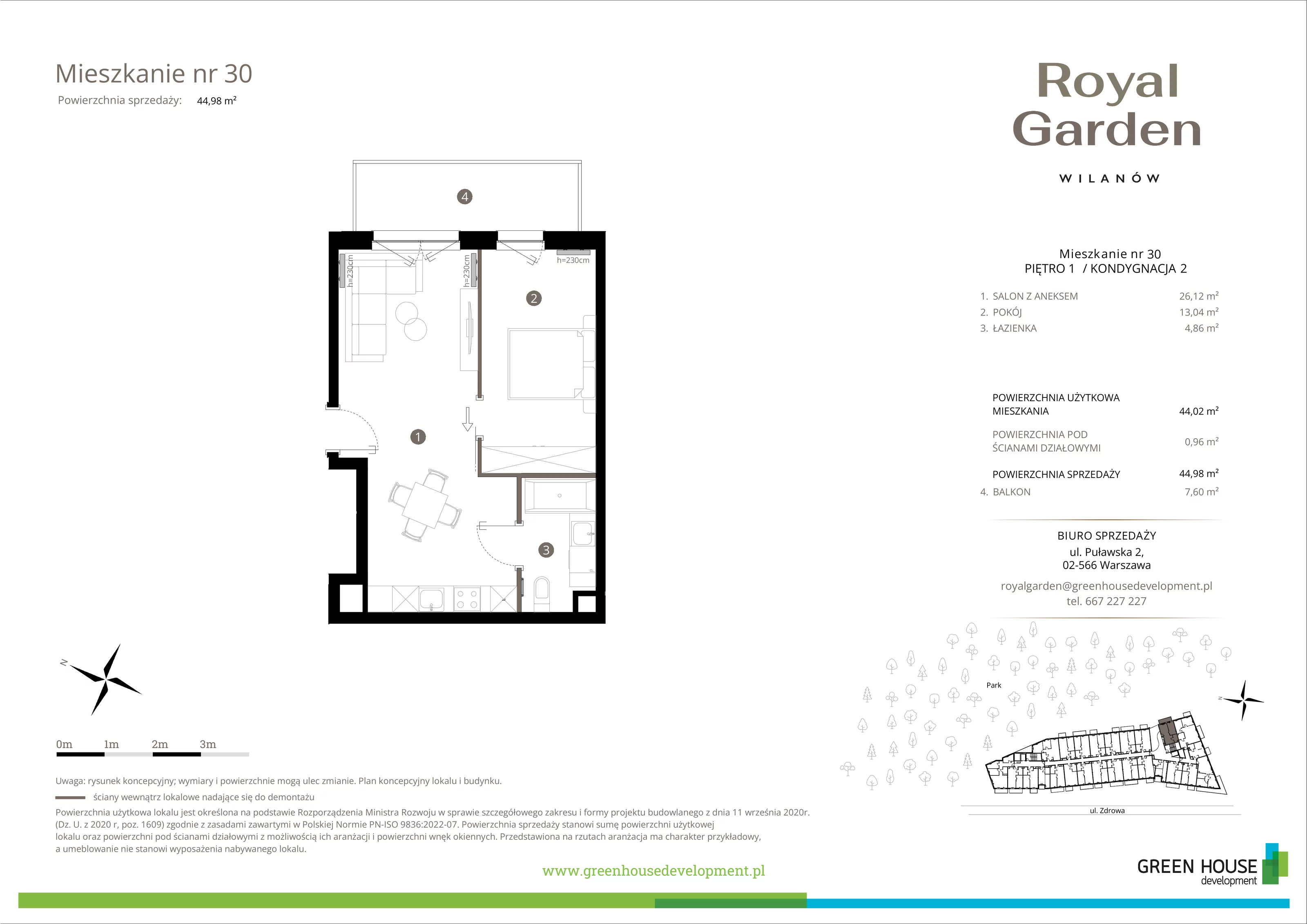 Mieszkanie 44,74 m², piętro 1, oferta nr M.30, Royal Garden Wilanów, Warszawa, Wilanów, Błonia Wilanowskie, ul. Zdrowa / Dyniowa