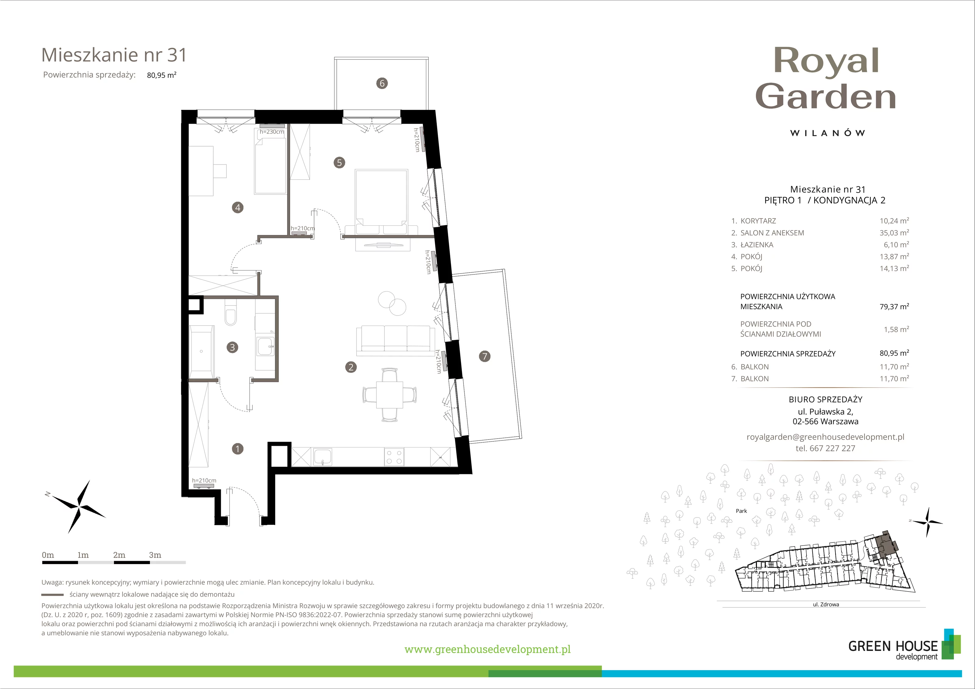 3 pokoje, apartament 79,37 m², piętro 1, oferta nr M.31, Royal Garden Wilanów, apartamenty w zabudowie wielorodzinnej, Warszawa, Wilanów, Błonia Wilanowskie, ul. Zdrowa