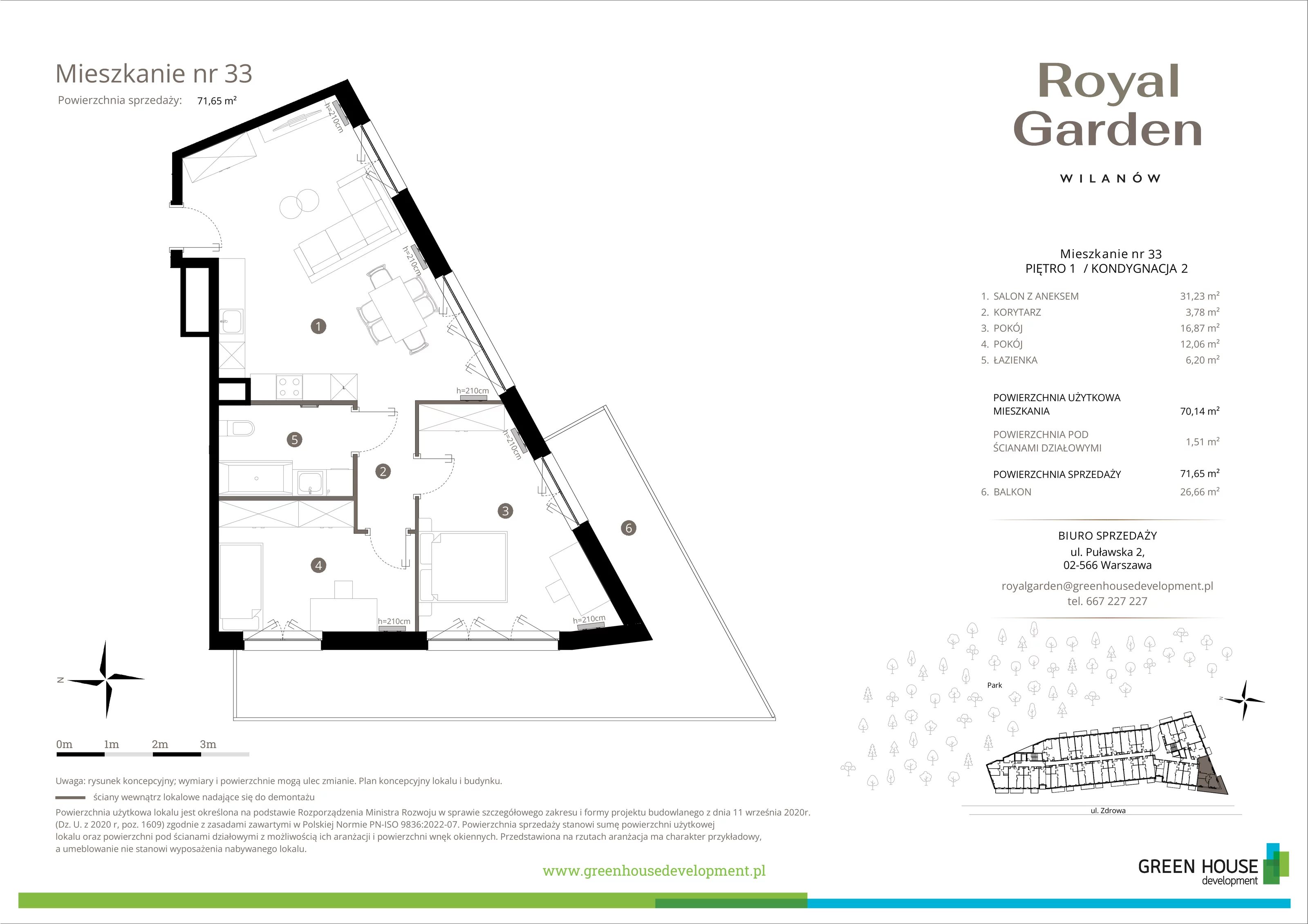 3 pokoje, apartament 70,14 m², piętro 1, oferta nr M.33, Royal Garden Wilanów, apartamenty w zabudowie wielorodzinnej, Warszawa, Wilanów, Błonia Wilanowskie, ul. Zdrowa