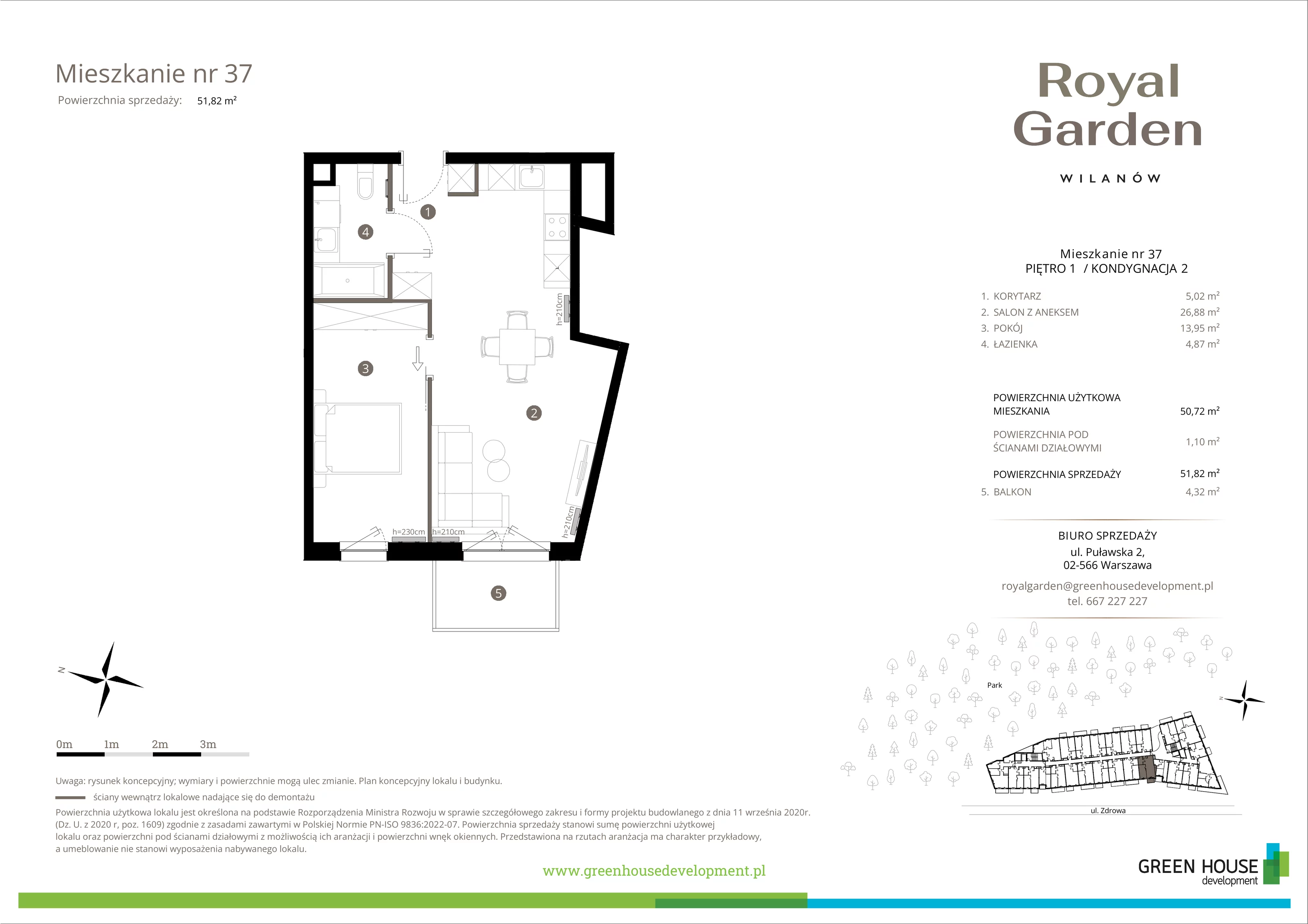 2 pokoje, apartament 50,72 m², piętro 1, oferta nr M.37, Royal Garden Wilanów, apartamenty w zabudowie wielorodzinnej, Warszawa, Wilanów, Błonia Wilanowskie, ul. Zdrowa