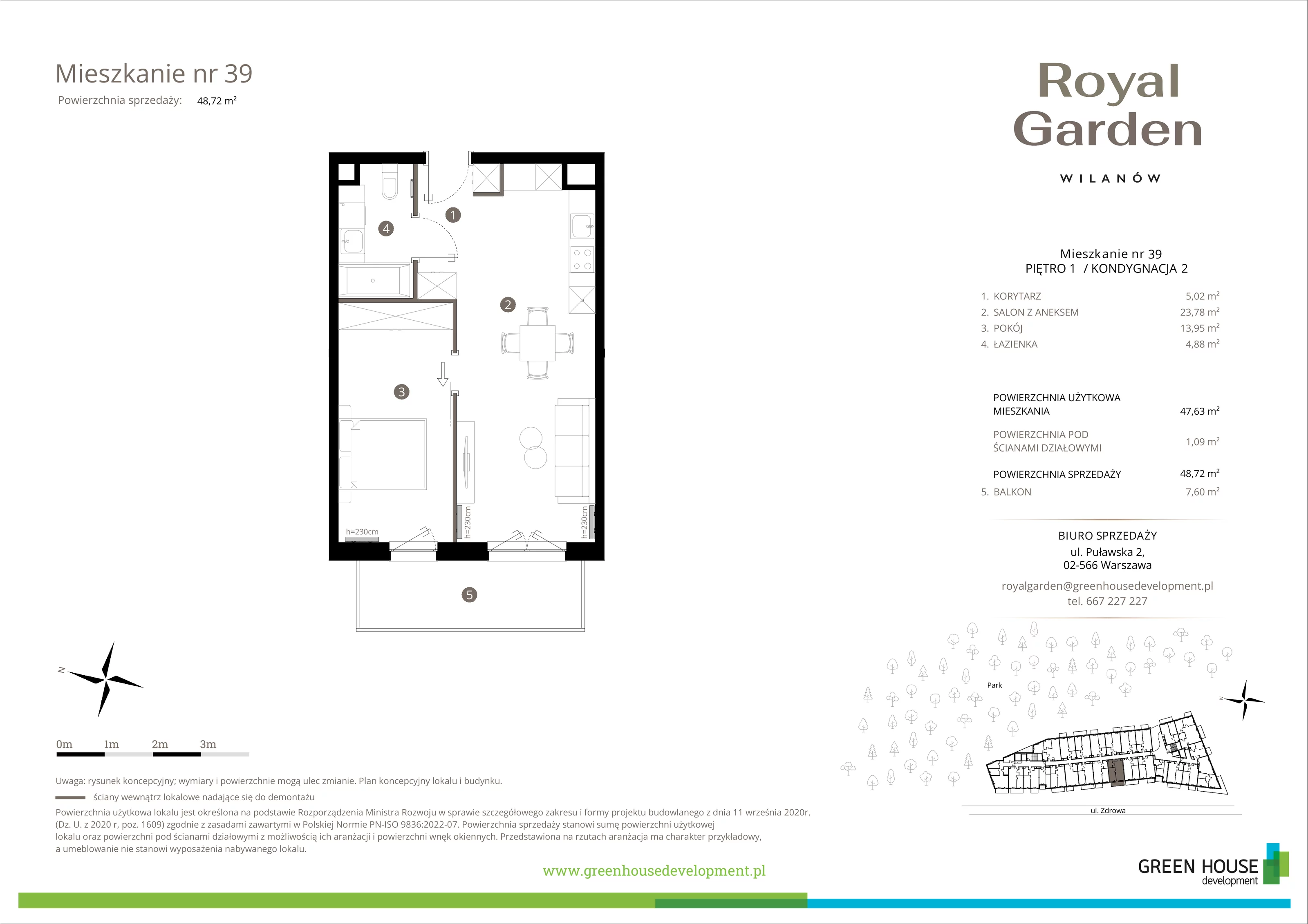 Mieszkanie 47,63 m², piętro 1, oferta nr M.39, Royal Garden Wilanów, Warszawa, Wilanów, Błonia Wilanowskie, ul. Zdrowa / Dyniowa