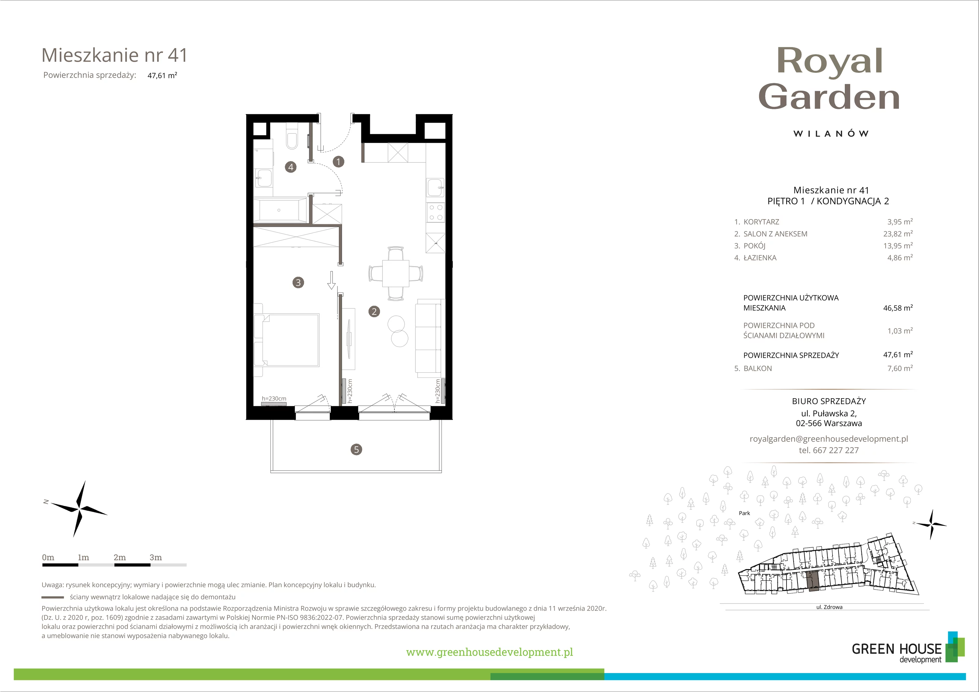 Mieszkanie 46,58 m², piętro 1, oferta nr M.41, Royal Garden Wilanów, Warszawa, Wilanów, Błonia Wilanowskie, ul. Zdrowa / Dyniowa