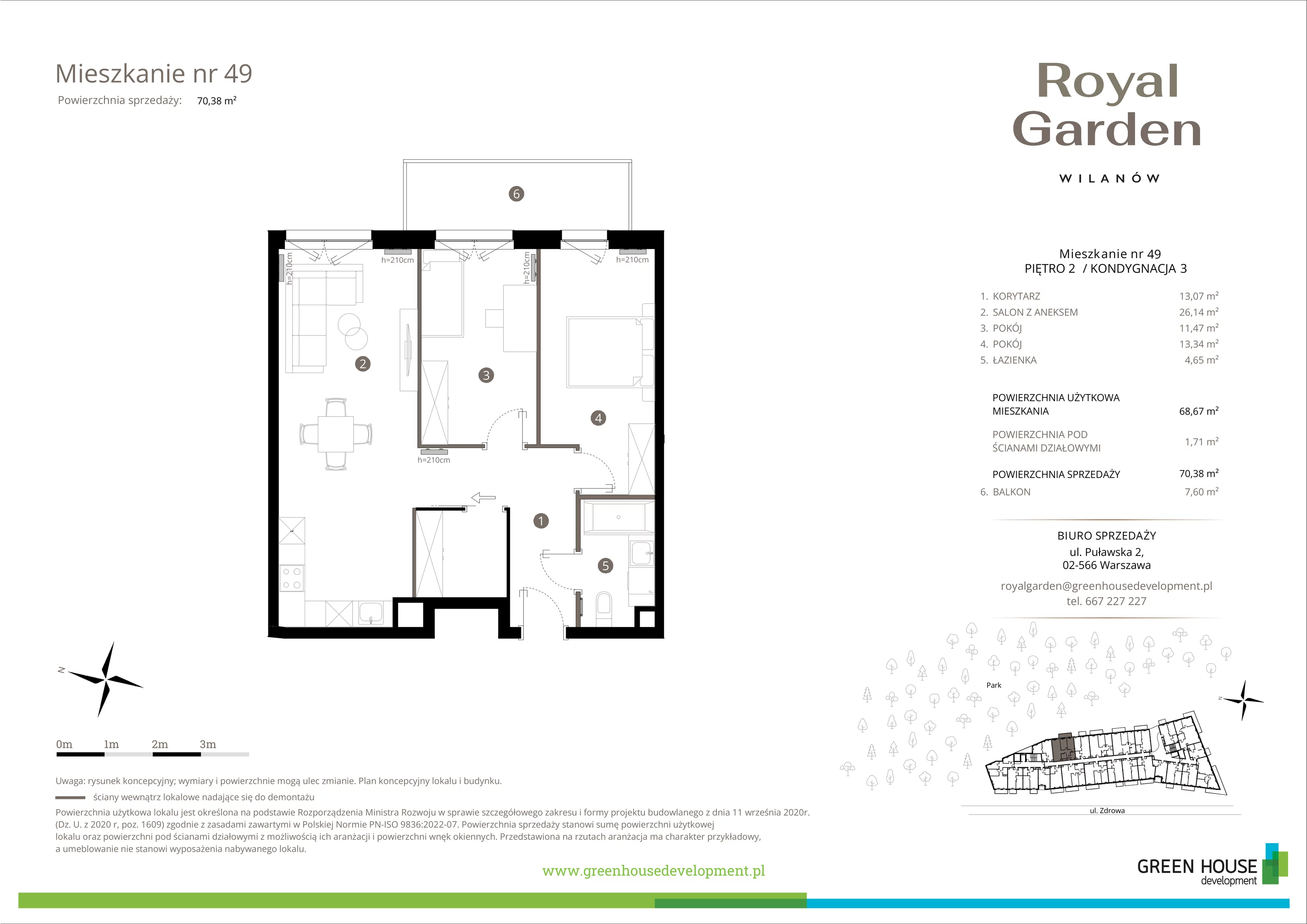 3 pokoje, apartament 68,67 m², piętro 2, oferta nr M.49, Royal Garden Wilanów, apartamenty w zabudowie wielorodzinnej, Warszawa, Wilanów, Błonia Wilanowskie, ul. Zdrowa