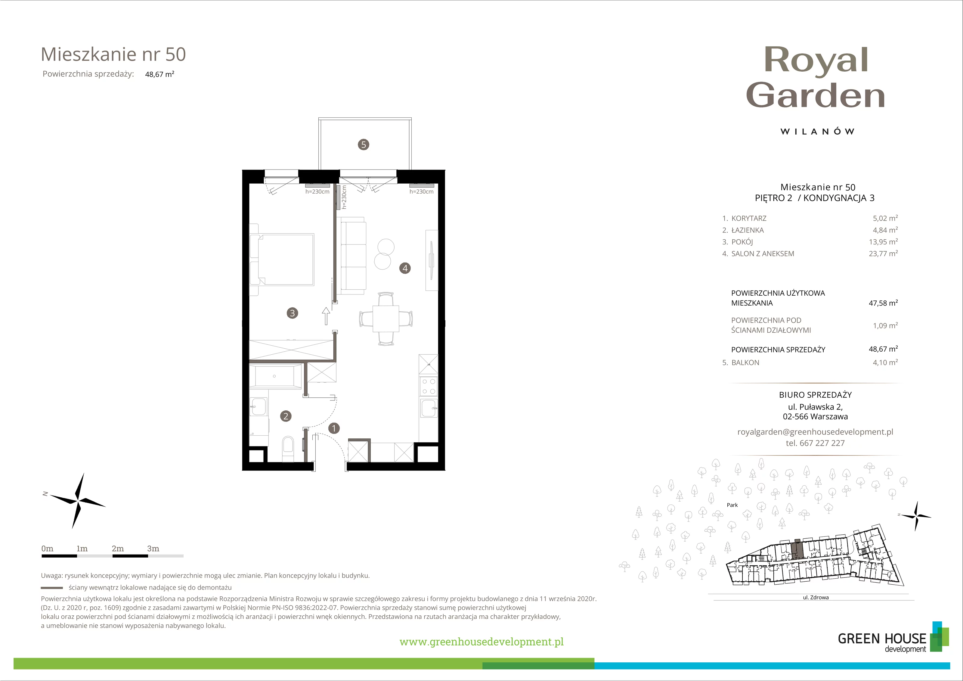 Mieszkanie 47,58 m², piętro 2, oferta nr M.50, Royal Garden Wilanów, Warszawa, Wilanów, Błonia Wilanowskie, ul. Zdrowa / Dyniowa