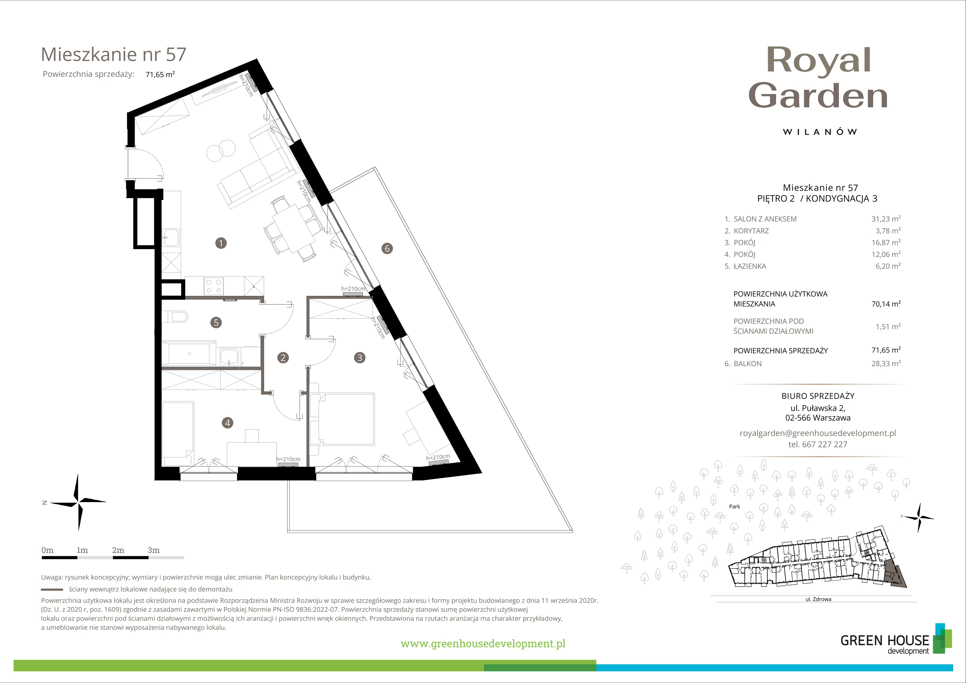 3 pokoje, apartament 70,14 m², piętro 2, oferta nr M.57, Royal Garden Wilanów, apartamenty w zabudowie wielorodzinnej, Warszawa, Wilanów, Błonia Wilanowskie, ul. Zdrowa