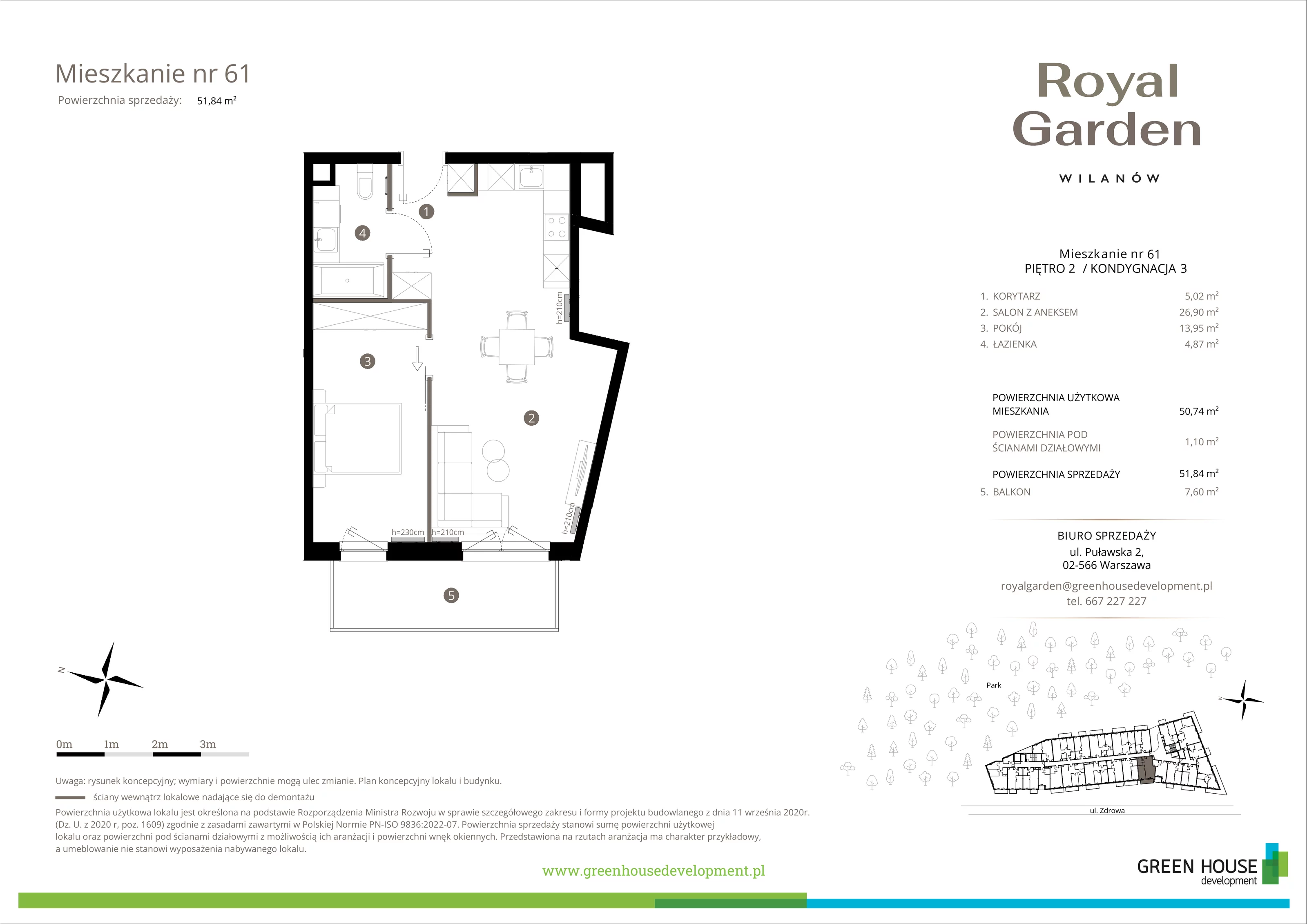 2 pokoje, apartament 50,74 m², piętro 2, oferta nr M.61, Royal Garden Wilanów, apartamenty w zabudowie wielorodzinnej, Warszawa, Wilanów, Błonia Wilanowskie, ul. Zdrowa