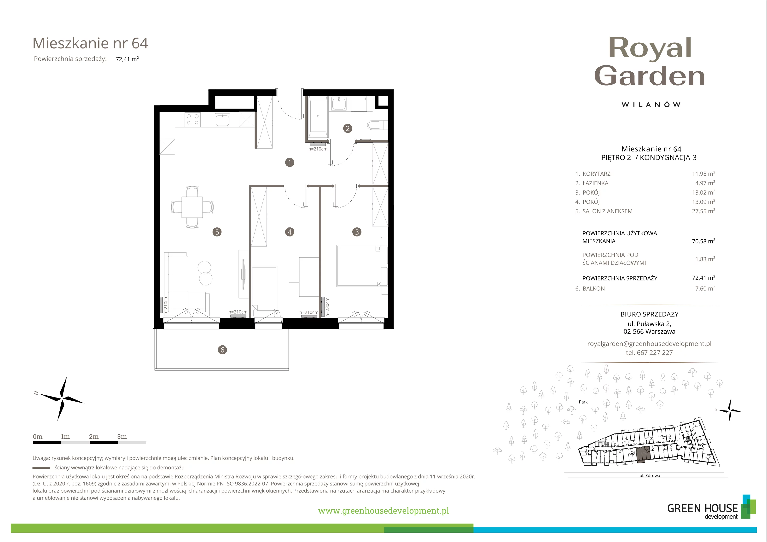 3 pokoje, apartament 70,58 m², piętro 2, oferta nr M.64, Royal Garden Wilanów, apartamenty w zabudowie wielorodzinnej, Warszawa, Wilanów, Błonia Wilanowskie, ul. Zdrowa