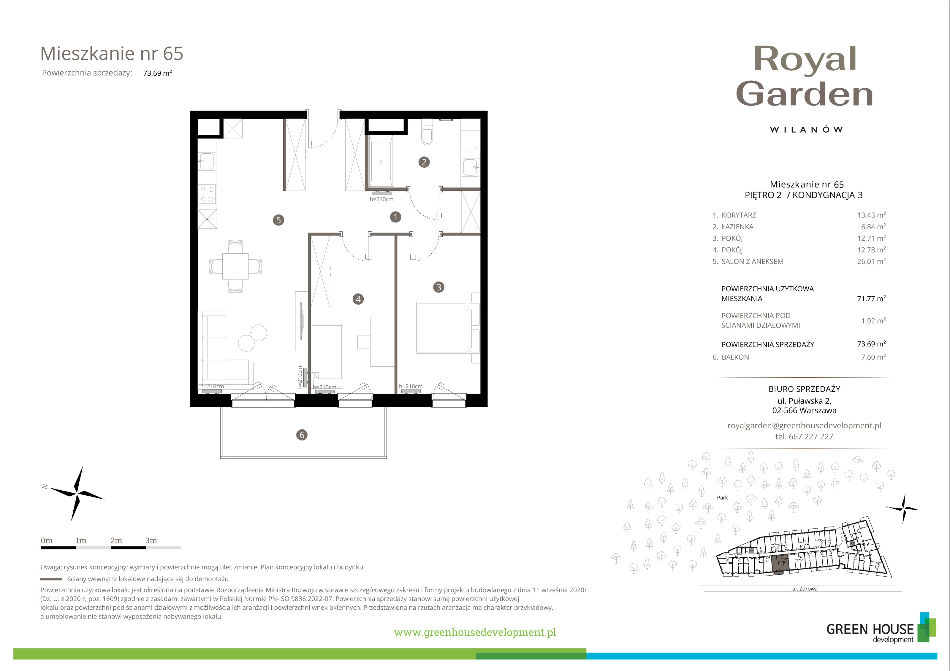 3 pokoje, apartament 71,77 m², piętro 2, oferta nr M.65, Royal Garden Wilanów, apartamenty w zabudowie wielorodzinnej, Warszawa, Wilanów, Błonia Wilanowskie, ul. Zdrowa