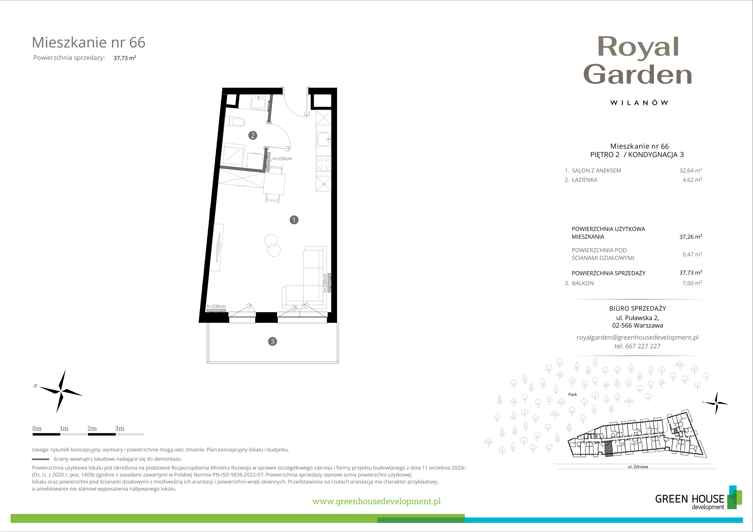 Mieszkanie 37,26 m², piętro 2, oferta nr M.66, Royal Garden Wilanów, Warszawa, Wilanów, Błonia Wilanowskie, ul. Zdrowa / Dyniowa