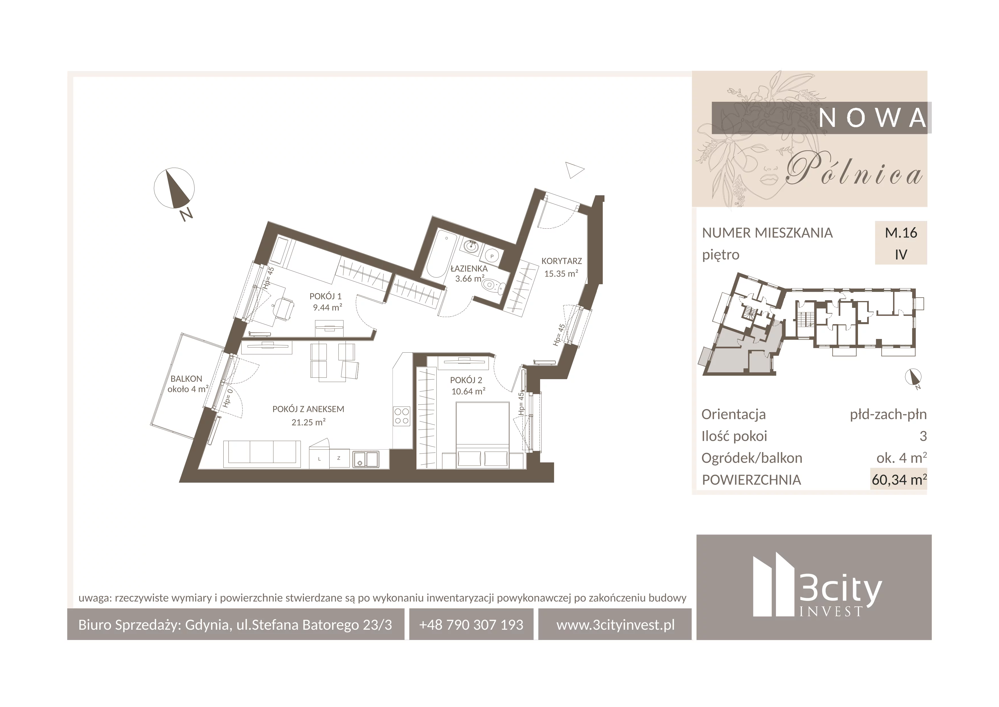 3 pokoje, mieszkanie 60,34 m², piętro 4, oferta nr M.16, Nowa Pólnica, Gdańsk, Jasień, ul. Pólnicy
