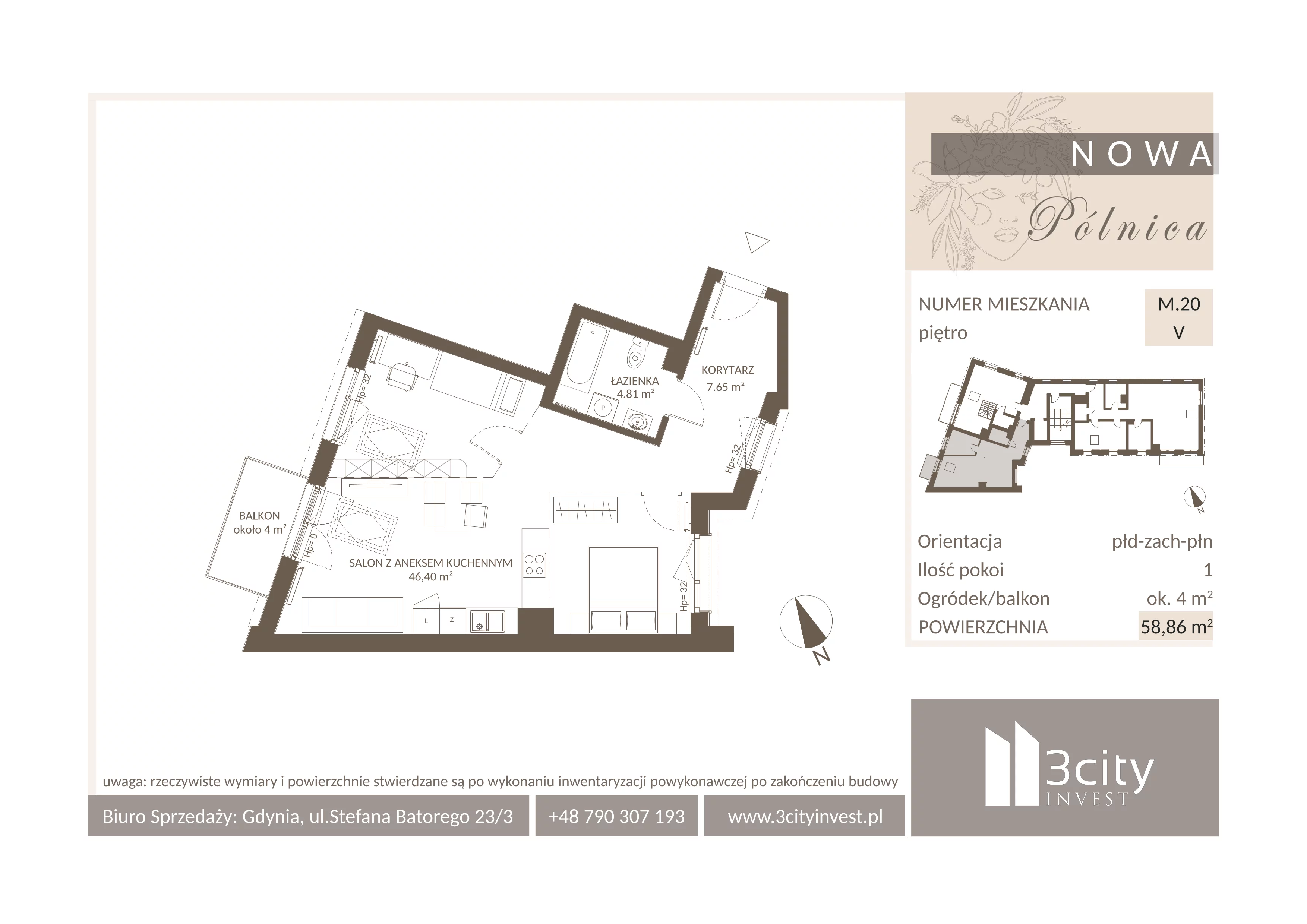 3 pokoje, mieszkanie 58,86 m², piętro 4, oferta nr M.20, Nowa Pólnica, Gdańsk, Jasień, ul. Pólnicy