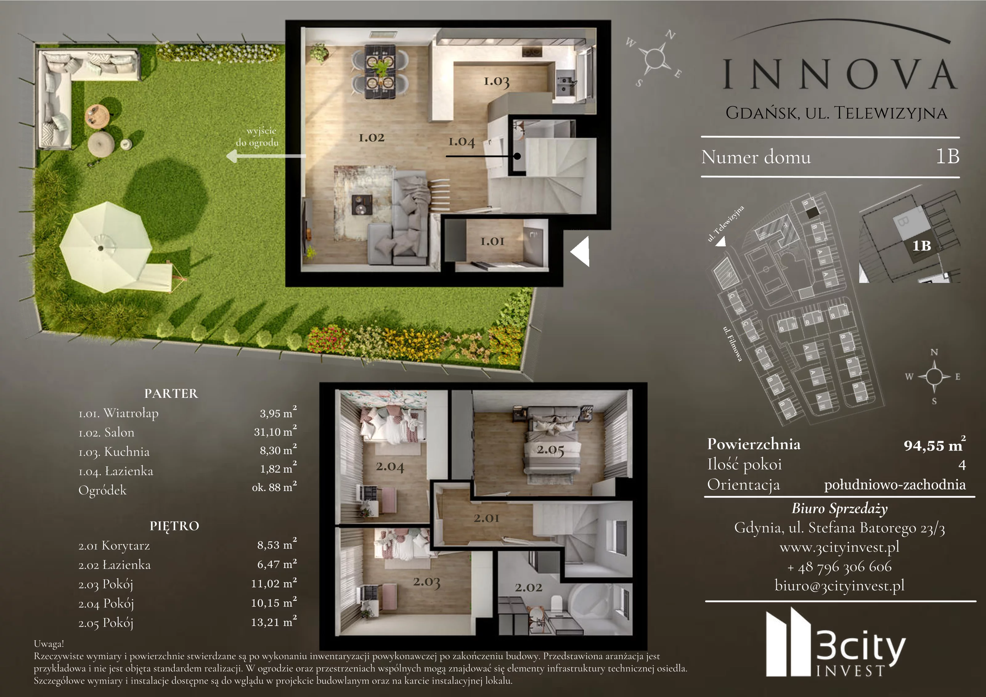 4 pokoje, mieszkanie 94,55 m², parter, oferta nr 1b, Innova, Gdańsk, Matarnia, ul. Telewizyjna