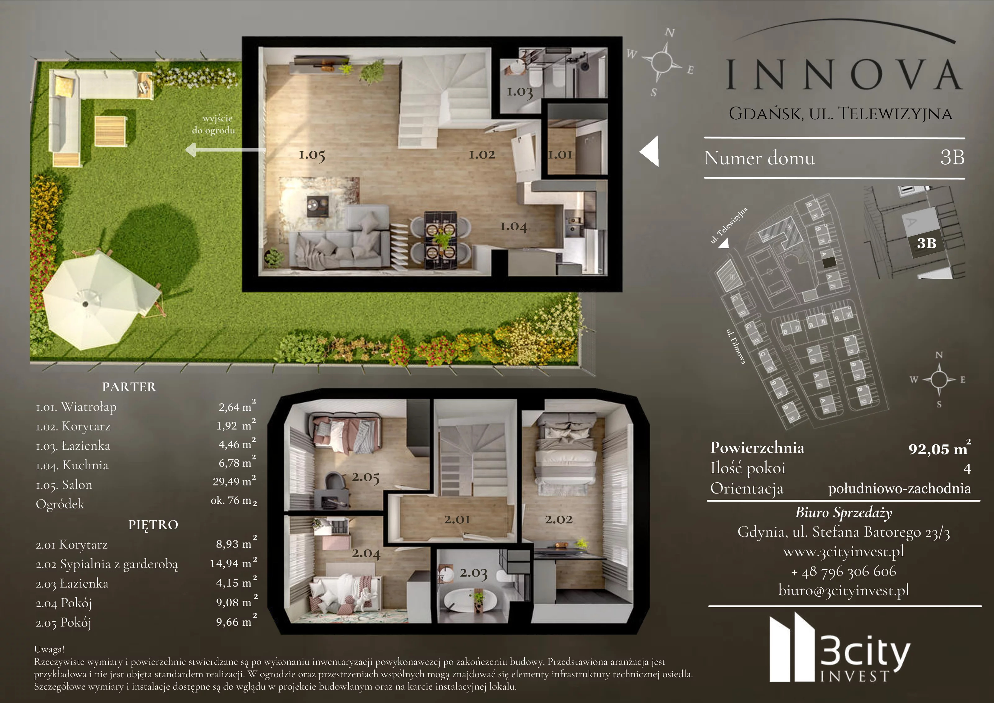 4 pokoje, mieszkanie 92,05 m², parter, oferta nr 3b, Innova, Gdańsk, Matarnia, ul. Telewizyjna