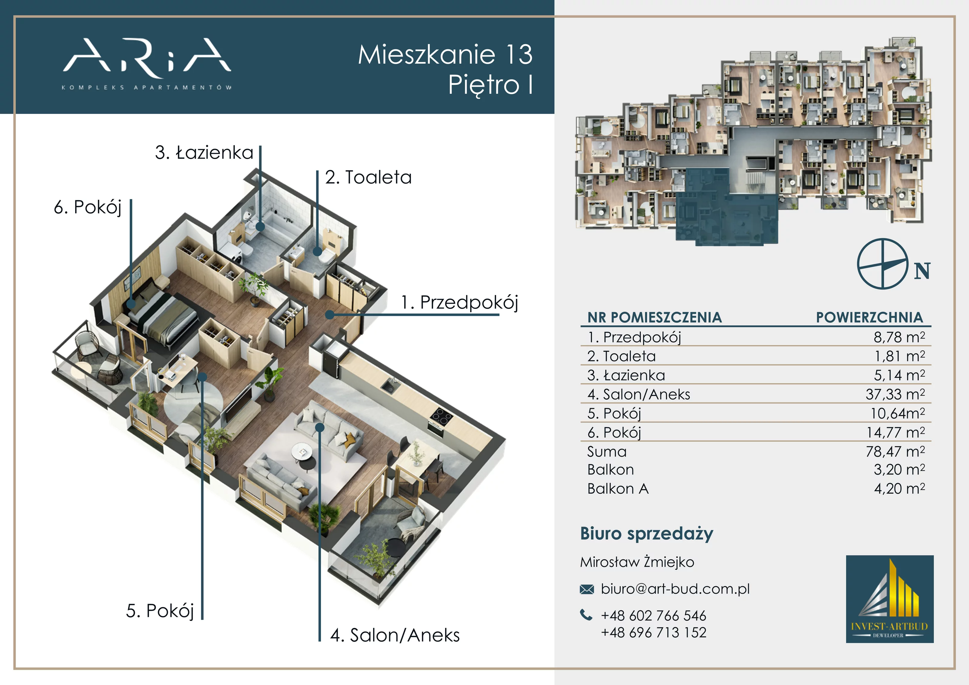 4 pokoje, mieszkanie 78,47 m², piętro 1, oferta nr M13, Apartamenty Aria, Sosnowiec, Pogoń, ul. Szpaków 6a